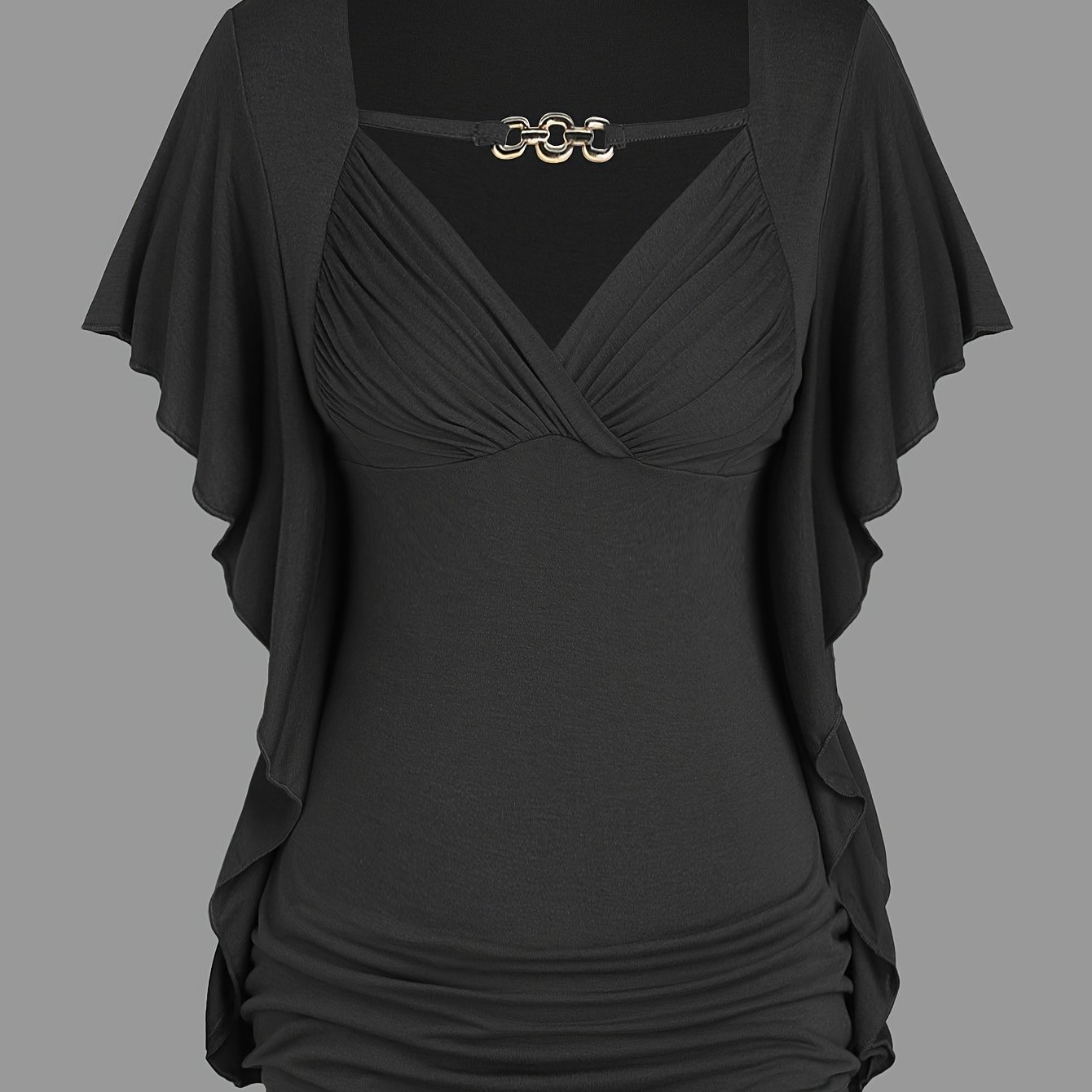 Plus Size - Plus Size - Western Size Women's Sleeve Pleated Solid Color Collar T-shirt