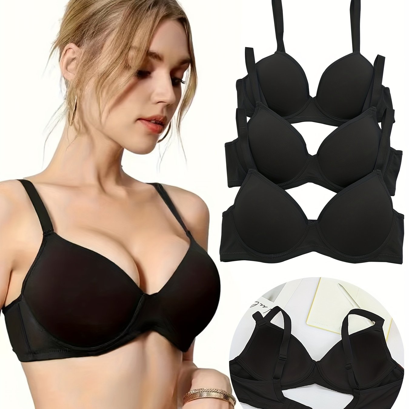 3pcs Solid Black Push-up Bra, Anti-sagging, Classic, Comfortable, Breathable, Side Support, Plus Size Women's Underwire Bra With Back Closure, New Autumn/winter Style