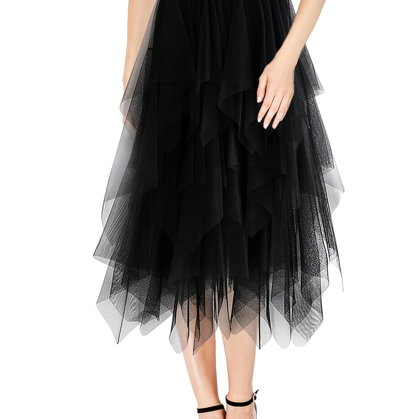 E-shop Damen Tüllrock mit drei Schichten, High-Low Asymmetrisches Design, Midi-Länge, Elastischer Bund und Mesh-Tutu-Stil
