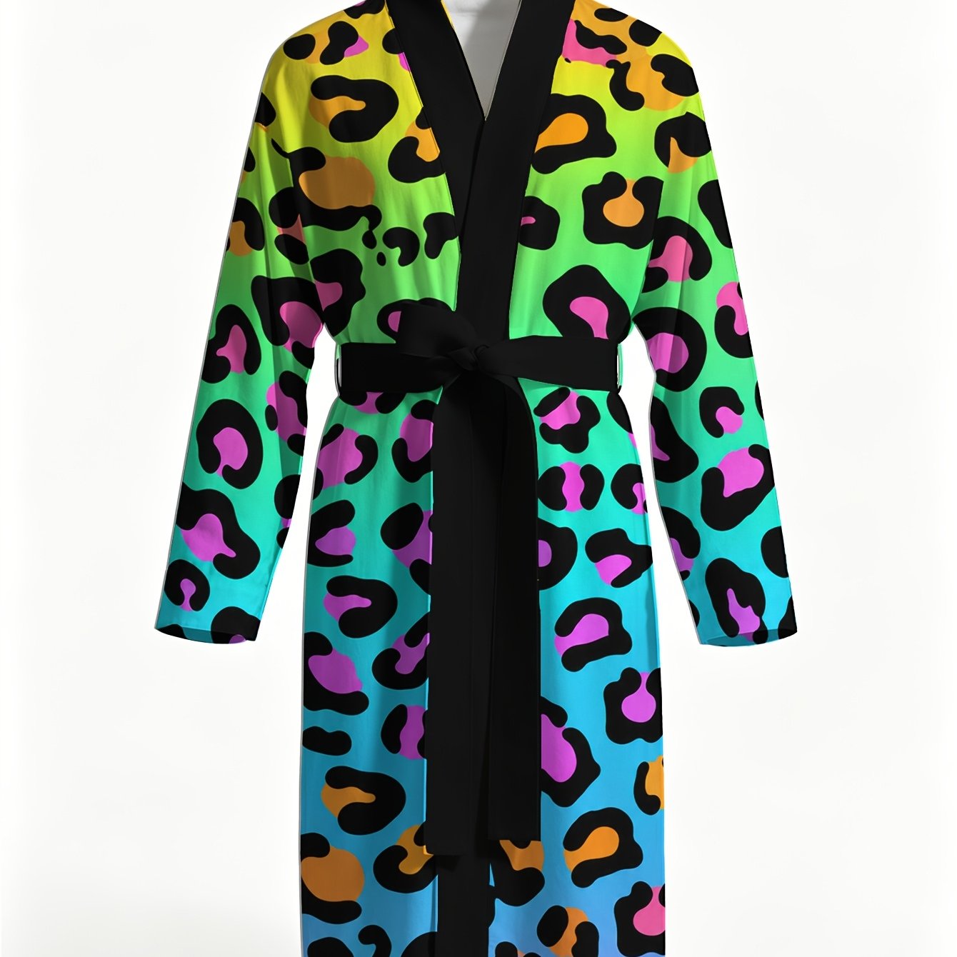 TEMU [printed Design - Not Textured] Colorful Leopard Print Long Bathrobe, Spring/autumn Thin Style, Men's Morning Robe, Pleated Texture With Belt