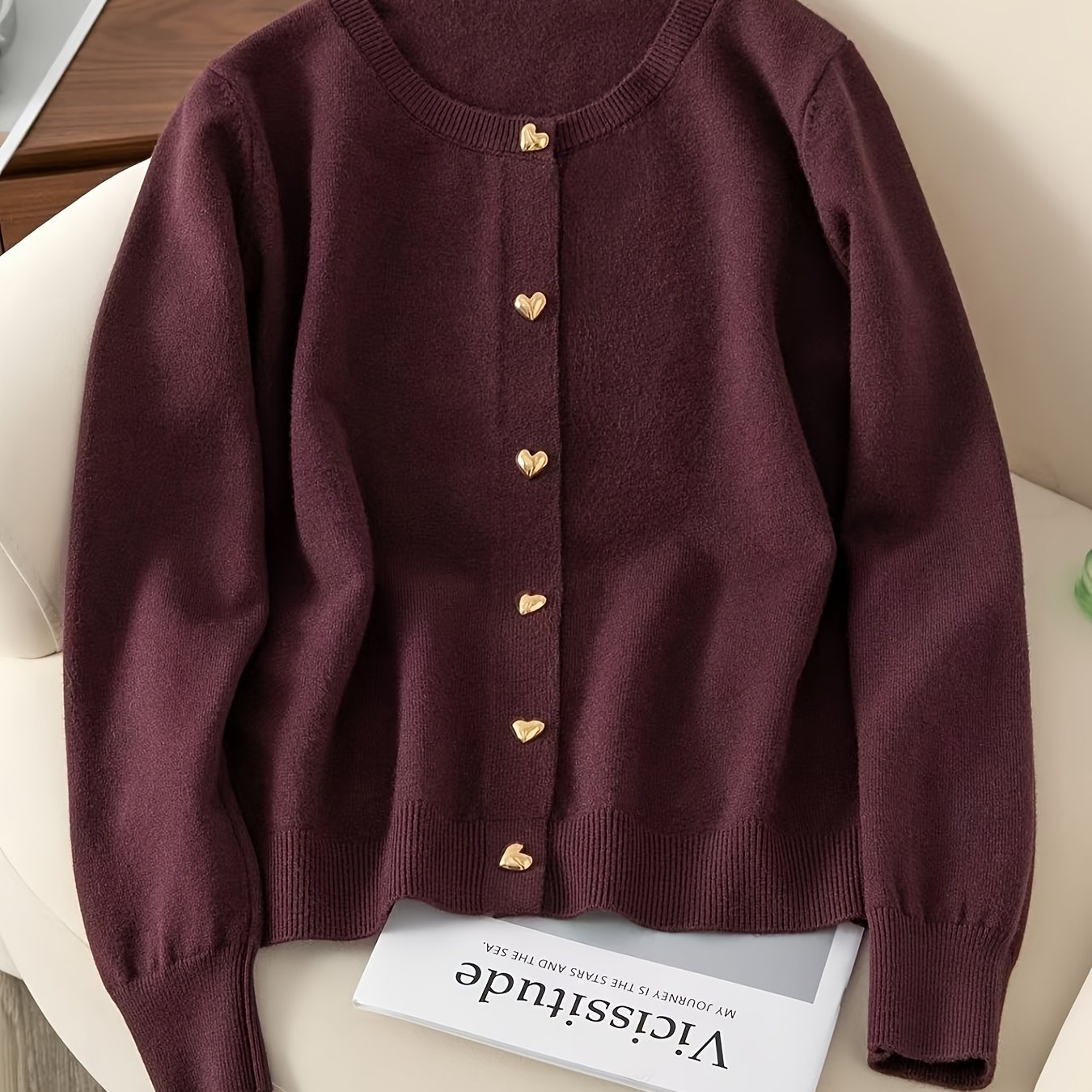 TEMU Valentine's Day Heart Button Women' Flat Solid Color Frosted Heart Button Crew Neck Loose Fit Commuter Cardigan, Autumn/winter Vintage Versatile