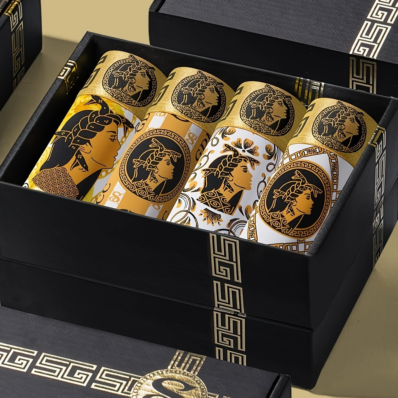 TEMU 4pcs Gift Box Set: Trendy And Fashionable High-end Portrait Print With Golden And White Patterns, Fiber Fabric, Refreshing, Breathable, And
