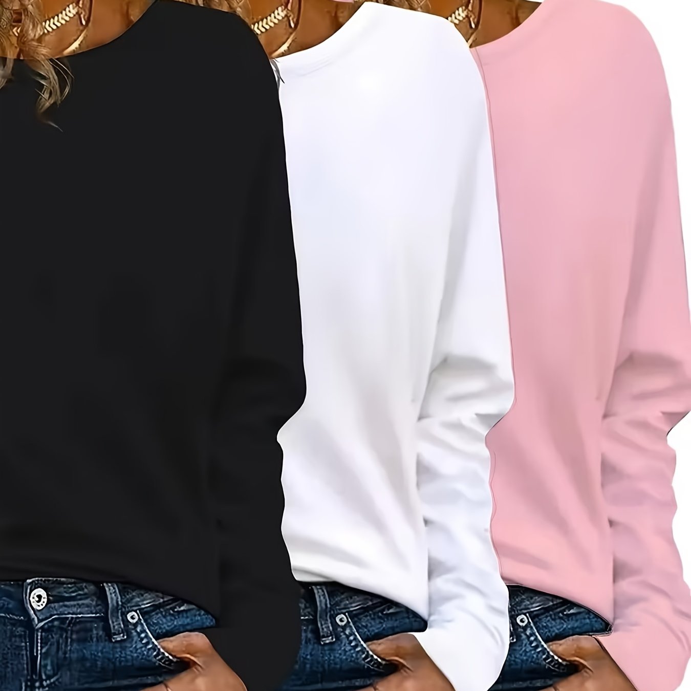 TEMU Y2k 3pcs Solid Color Long Sleeve T-shirt Top For Women, Casual Regular , Suitable For