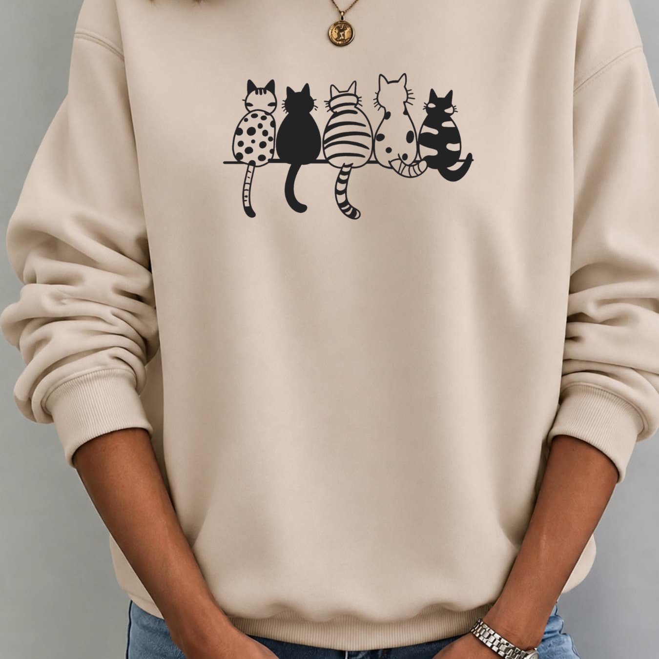 Image of Autumn/winter New Fuzzy Pullover For Women Loose Fit Casual Cute Cat Print Long Sleeve Crew Neck Sweatshirt