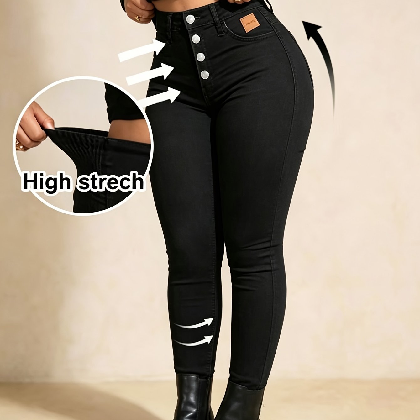 Image of Kcgh Plus Size Women's Black High Waist Skinny Jeans Slim Elastic Denim Pants Casual Daily Pants
