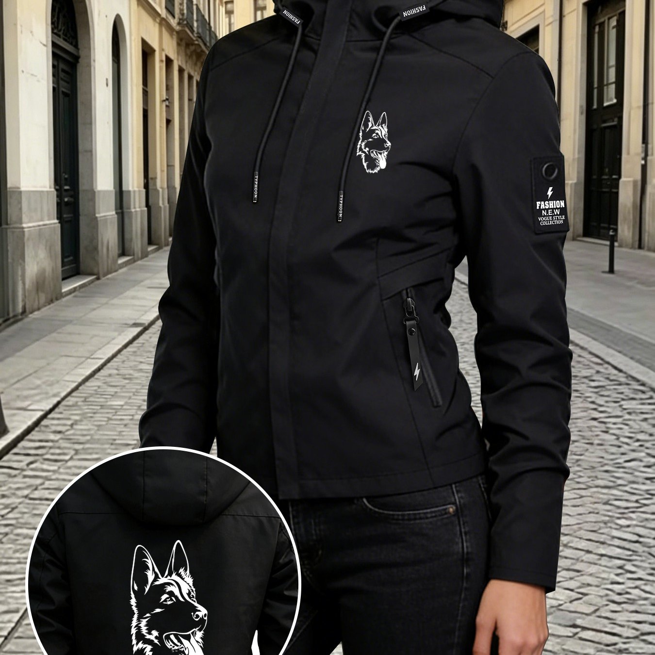 TEMU German Shepherd Line Print Spring Autumn Hooded Short Jacket, And Versatile Top, Drawstring Adjustable Hood Casual Zipper Pocket Daily Outing