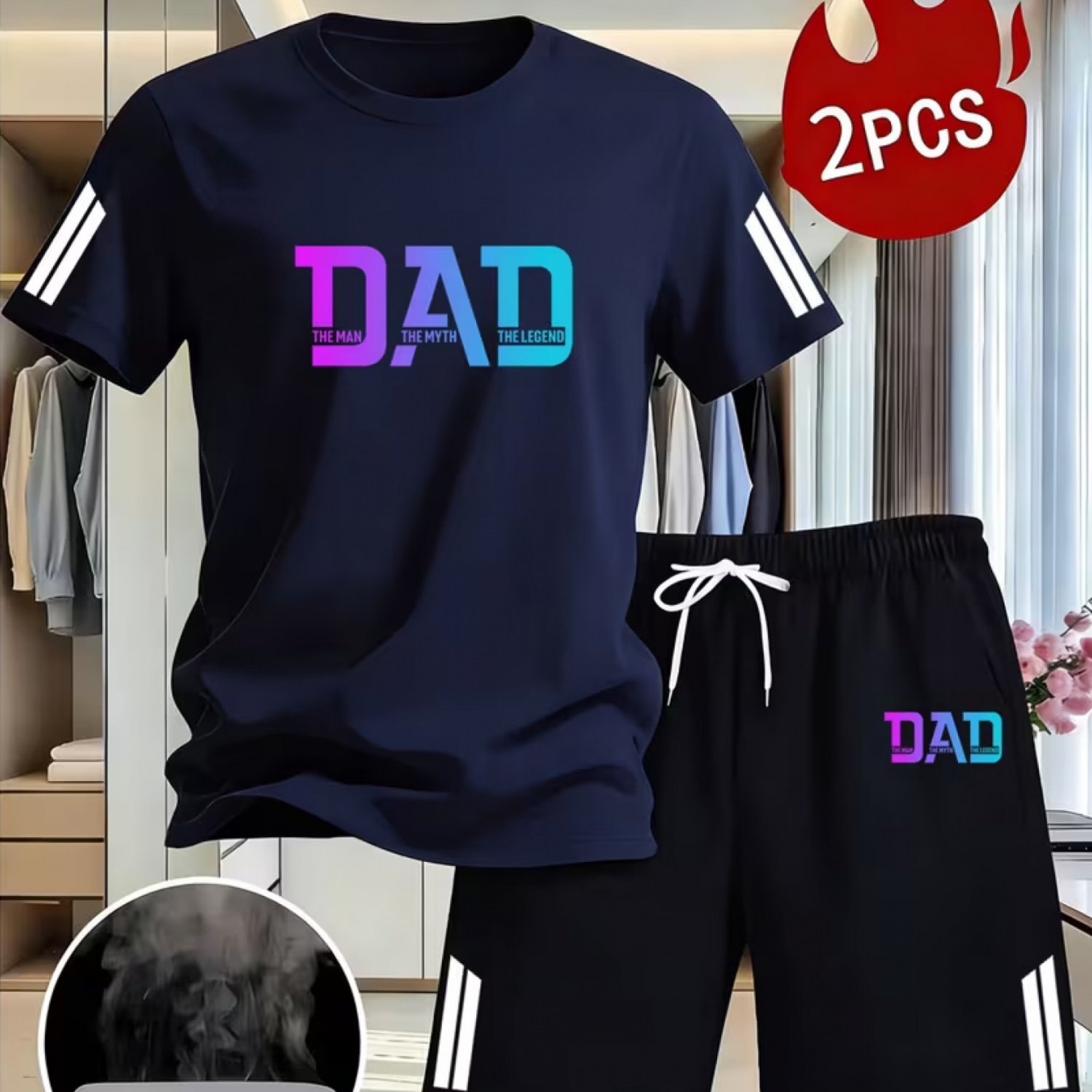 TEMU Men's Short-sleeved Shorts Set 2026 Men's Casual Set Gradient Dad Print Crew Neck Breathable Polyester Mesh Short-sleeved T-shirt Drawstring