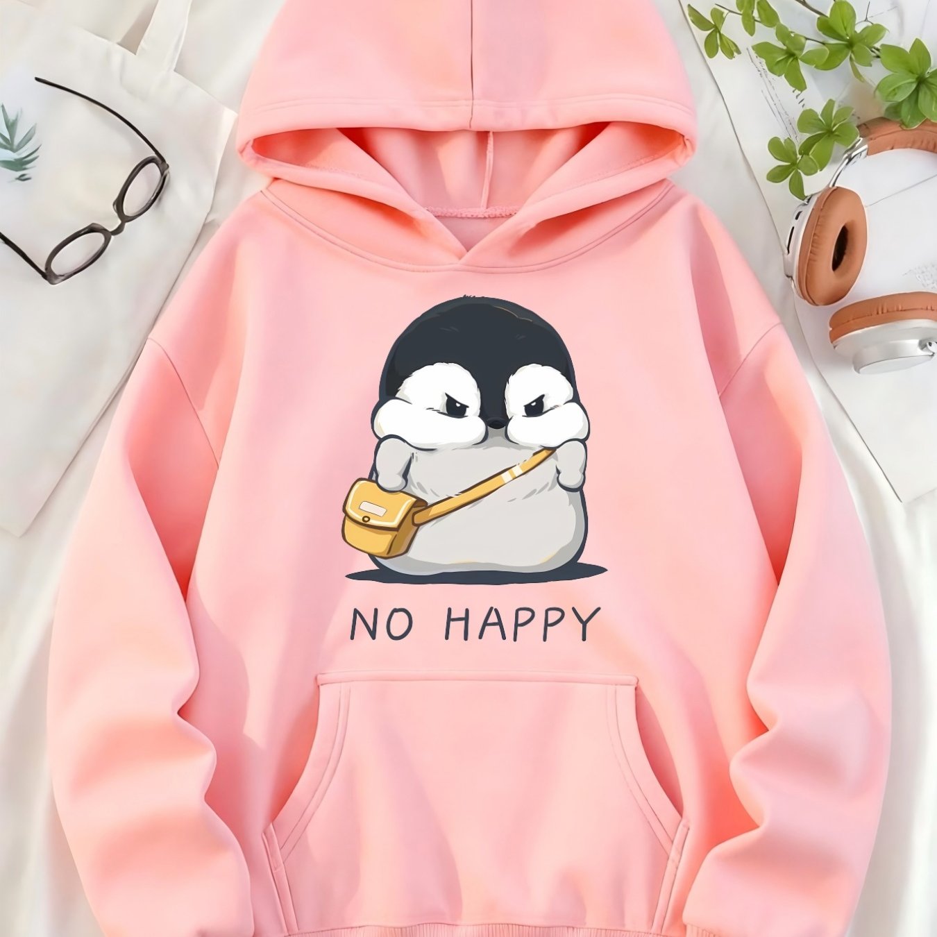 TEMU Cartoon Penguin Holding A Yellow Bag With A . Personalized Pattern Printed Letter Women' Hat Fleece Hooded Sweatshirt