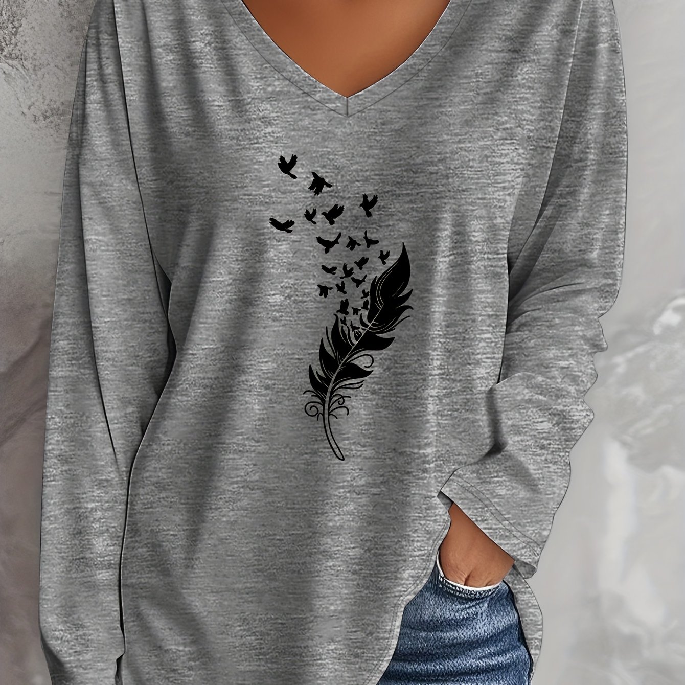 TEMU Plus Size, /summer Size Women's Casual Long Sleeve V-neck T-shirt With Falling Print, Rayon/spandex Blend - Soft, , Machine Washable, Loose Fit