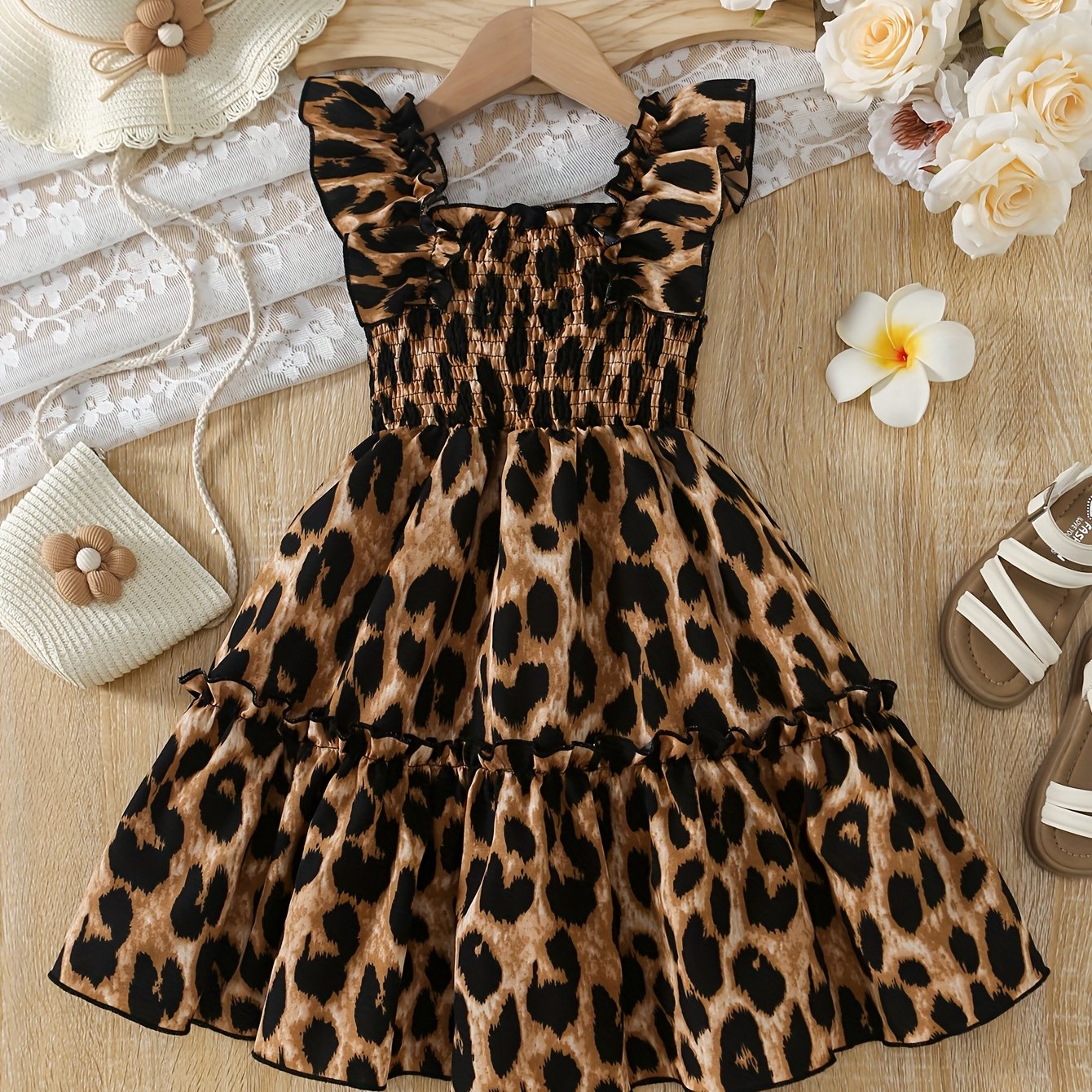 European And American Girls' Summer Casual Lace Camisole Dress, Comfortable Fabric, New Fashionable Leopard Print Princess Dress For Girls, Suitable For And Vacations