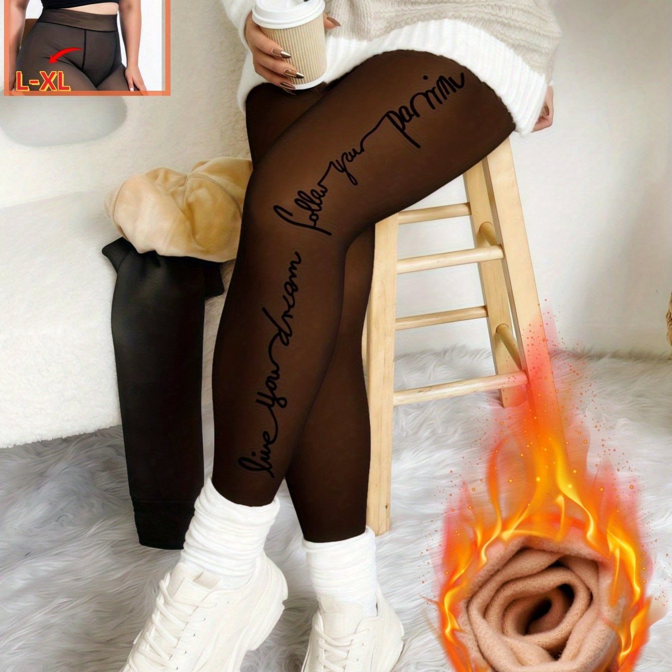TEMU Women's Side Letter Print Fleece-lined Leggings - Thick And Elegant Thermal Pants - High Elasticity Comfortable Tights For Shopping