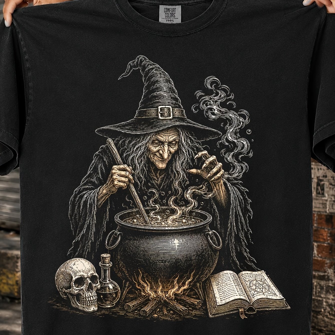Image of Witch Spell Book Tee Gothic Halloween Cauldron Halftone Graphic Retro Top For Lovers Fortune Dark Academic Costume Party Gift 180g Cotton Mens Tshirt Round Neck