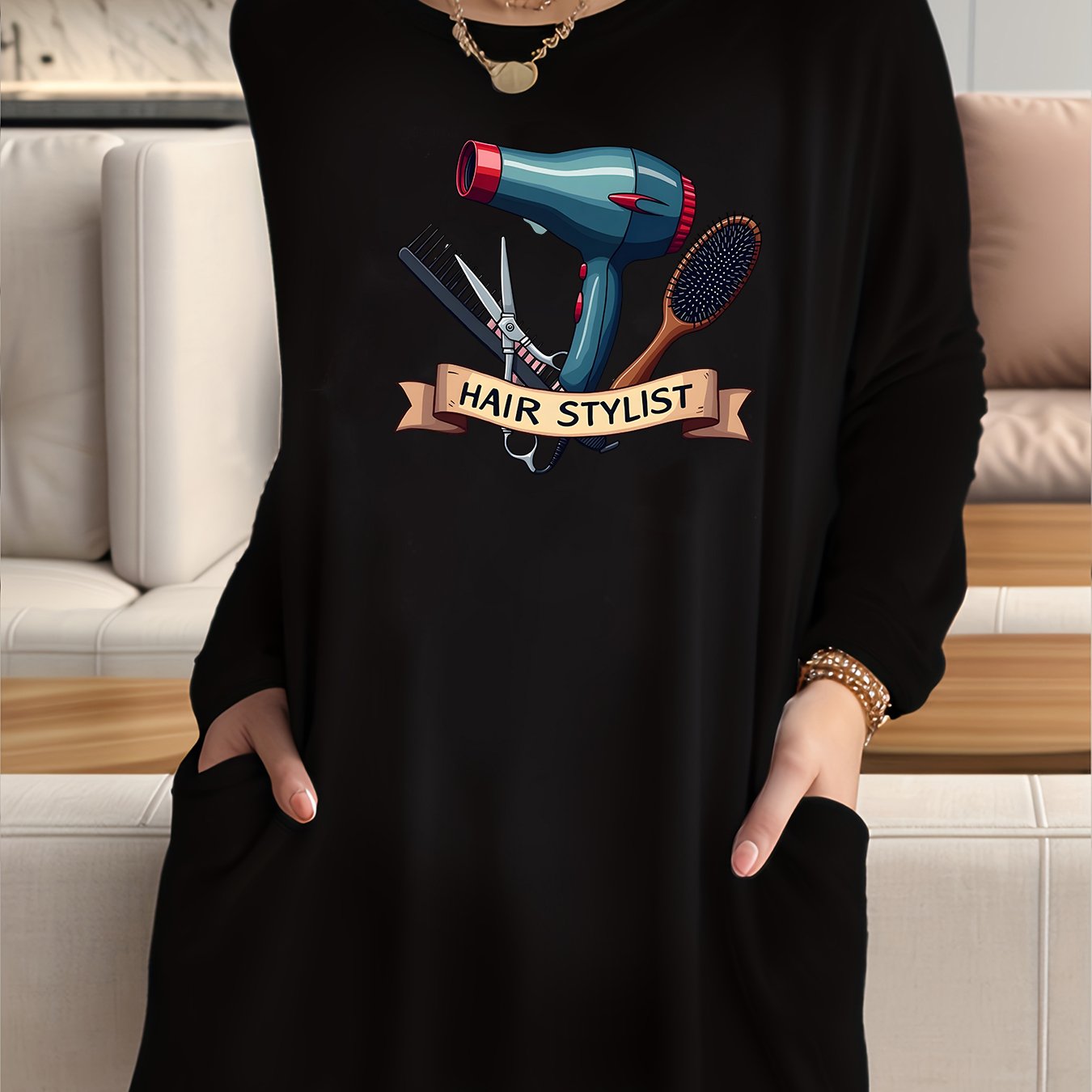 TEMU Hairdresser Tools Pattern Print, Autumn/winter New Women's Long Sleeve T-shirt Round Neck Pocket Top, Soft And Comfortable Fashionable Versatile