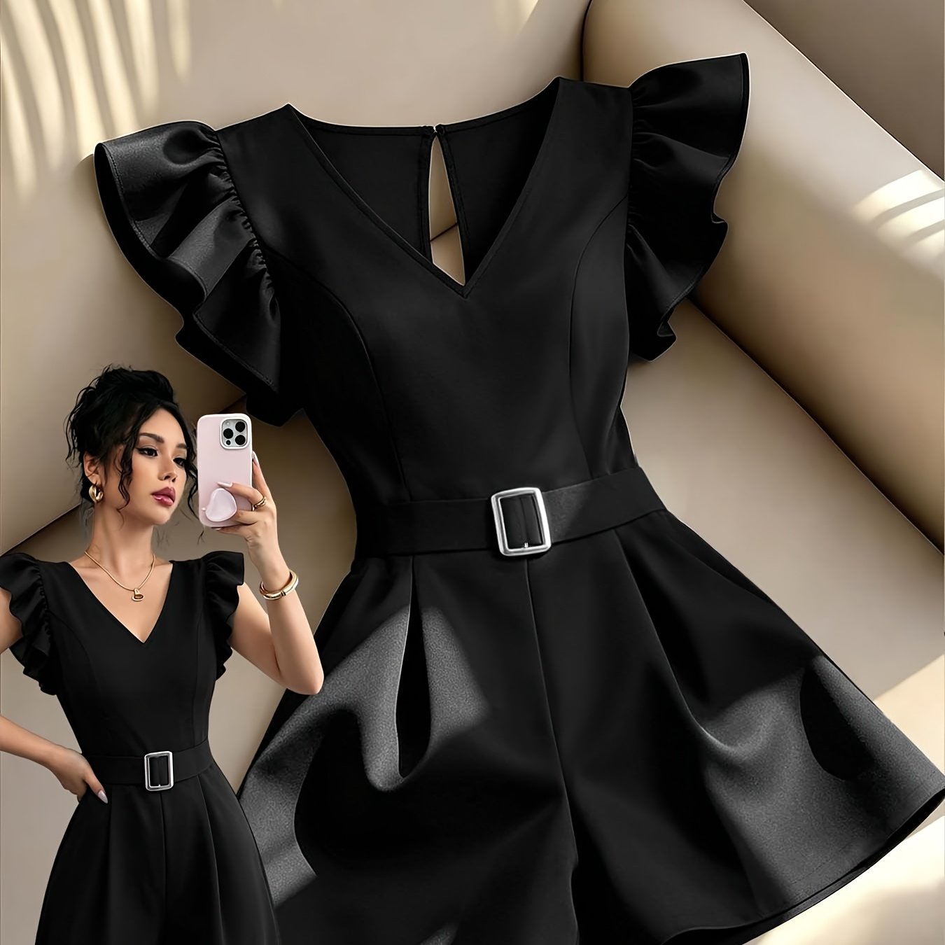 TEMU V-neck Ruffle Flutter Sleeve Romper With Square Belt, Waist-cinching Elegant Commuter Jumpsuit