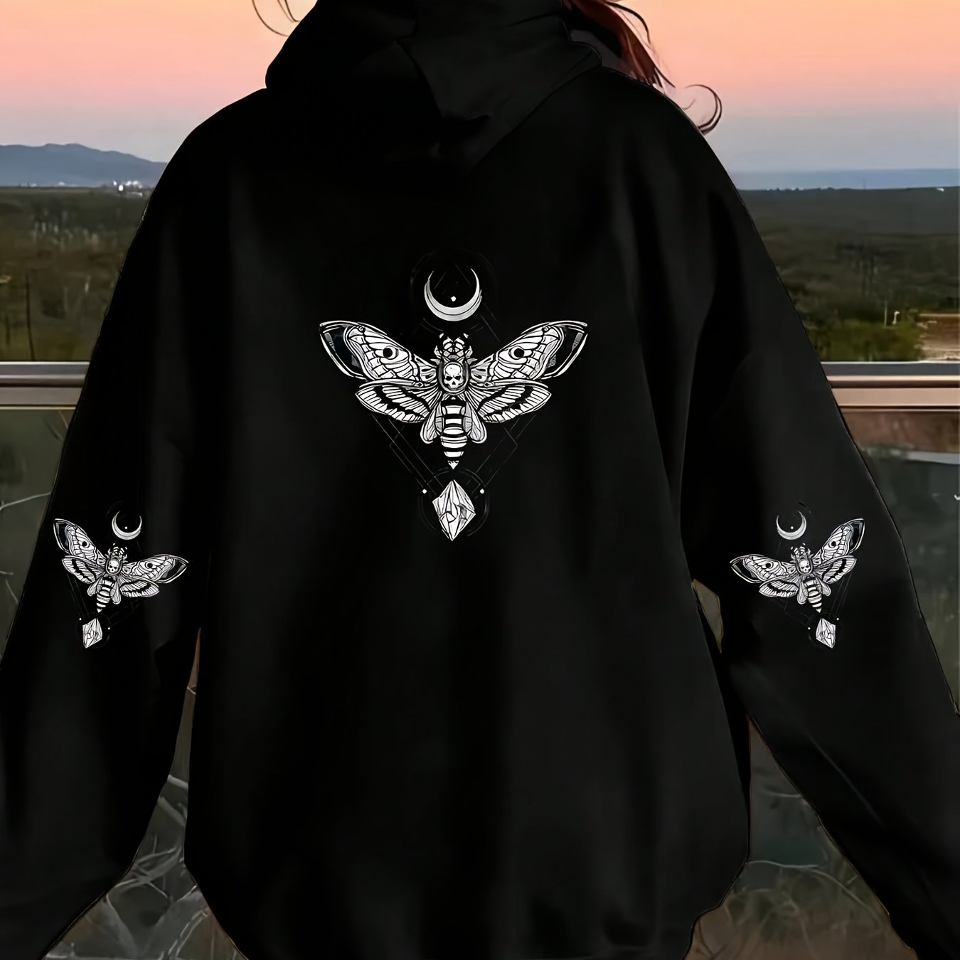 TEMU Mysterious Gothic Moth Skull And Moon Diamond Design Black Hooded Sweatshirt With Drawstring Details For Women 4th Of July - Unisex 2026 Couple