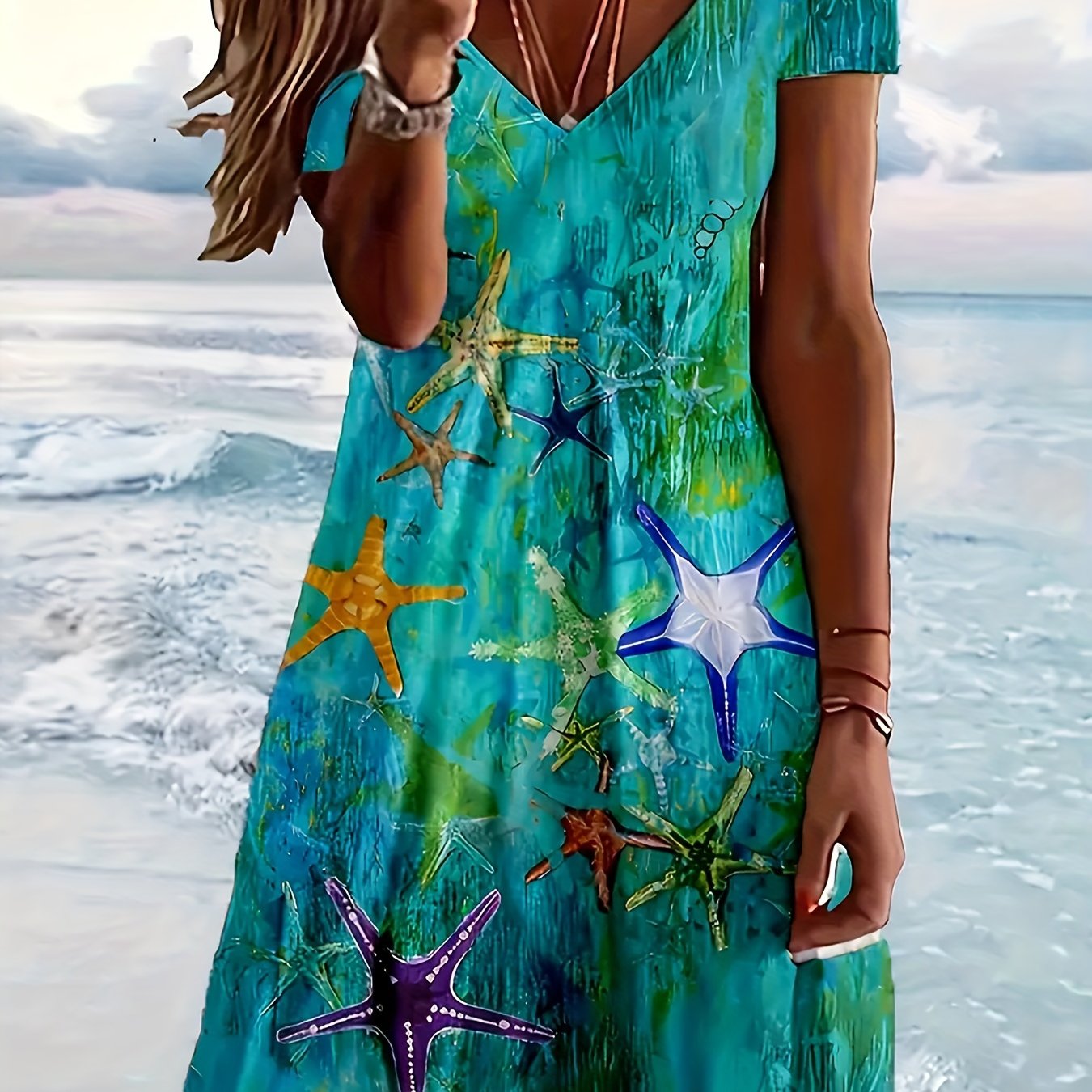 Image of Plus Size, Starfish Print V-neck Beach Dress - Lightweight & Flowy, Short Sleeve, Loose Fit For Vacation - Womens Summer Fashion Must-have