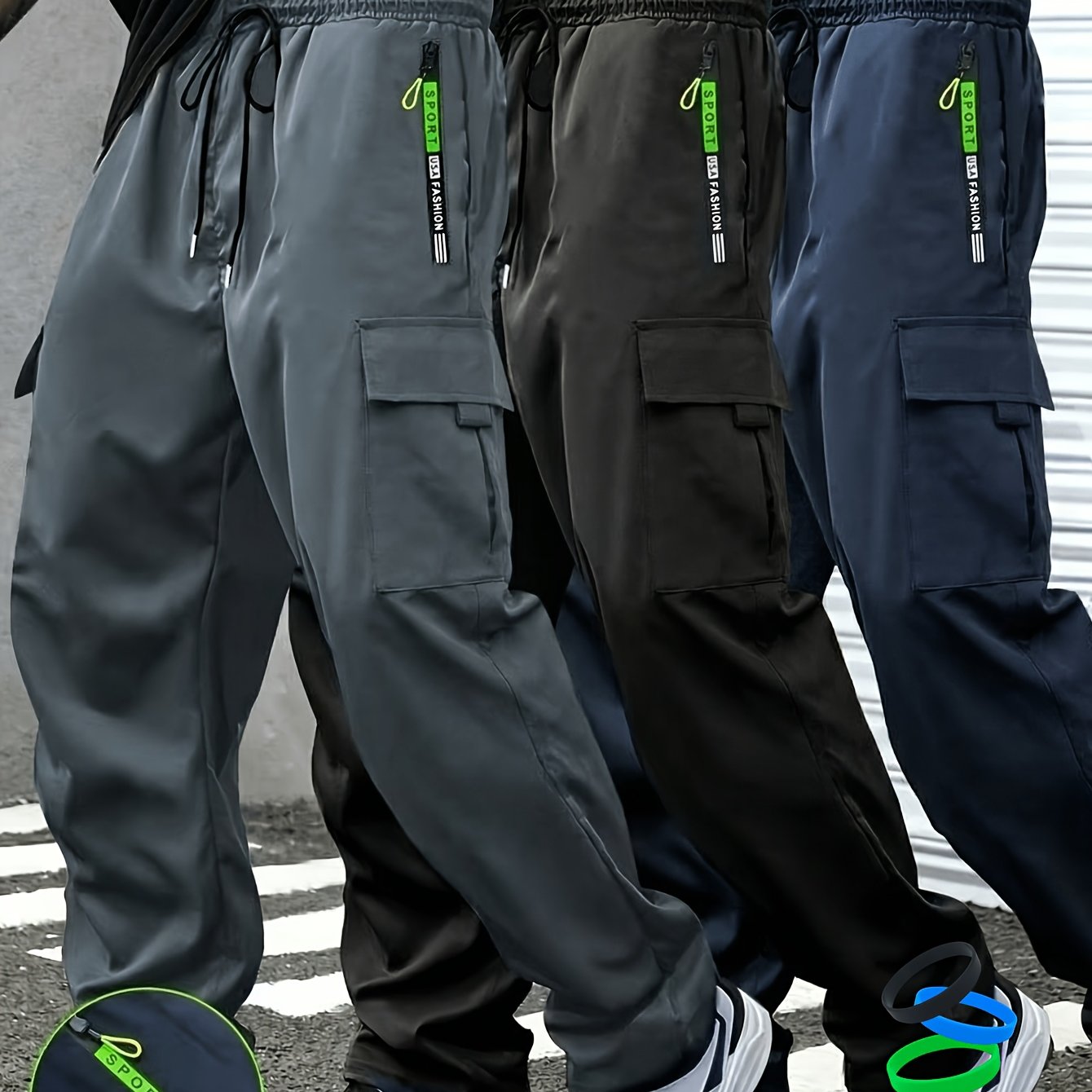 TEMU 3-pack Men's Casual Pants, Casual Sports Pants - Breathable And Comfortable, Black Drawstring Design, (includes Wristband), Adjustable Waist