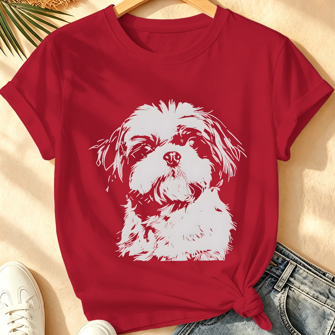 TEMU White Sketch Shih Tzu Simple Short Sleeve Women's Summer/autumn Top, Fresh Artistic Style Loose Size Crew Neck T-shirt, Casual 's Wear,