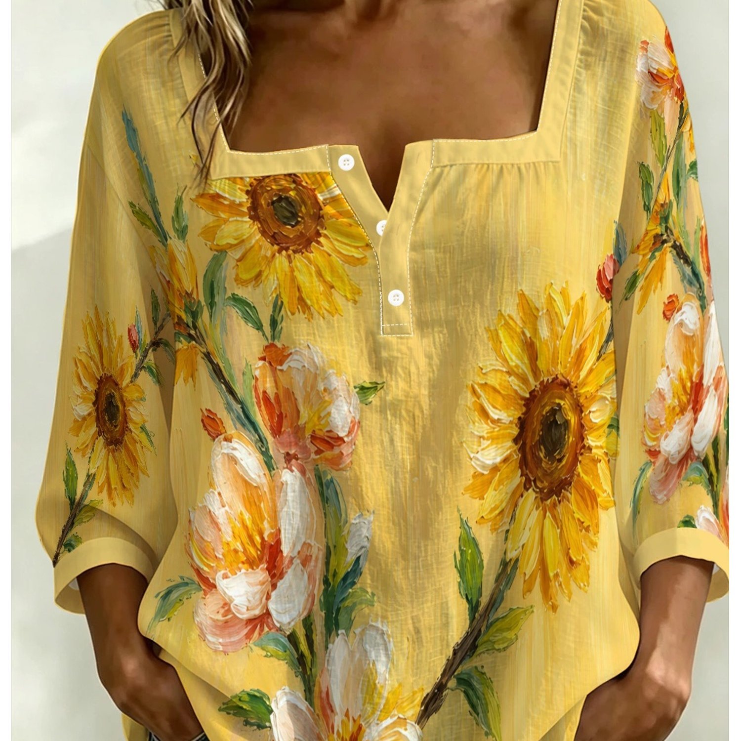 TEMU Plus Size - [printed Design-not Textured] Plus Size Women' Neck Top, Oil Painting Floral Print, Vibrant And Design, Suitable For Daily Wear And