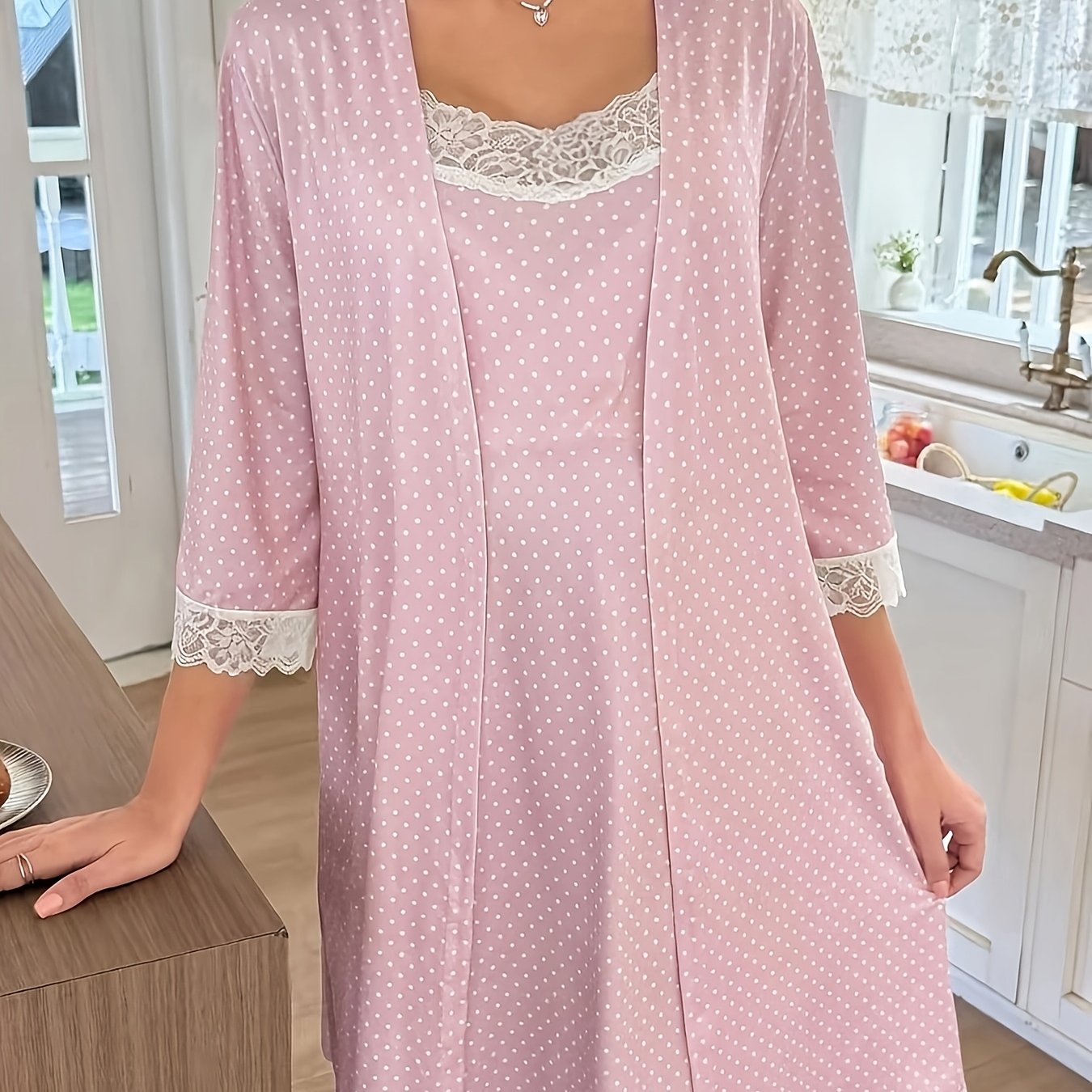TEMU Ensemble de pyjama confortable pour l'allaitement : robe à manches 3/4 avec poignets en dentelle à pois, en dentelle, débardeur à langer