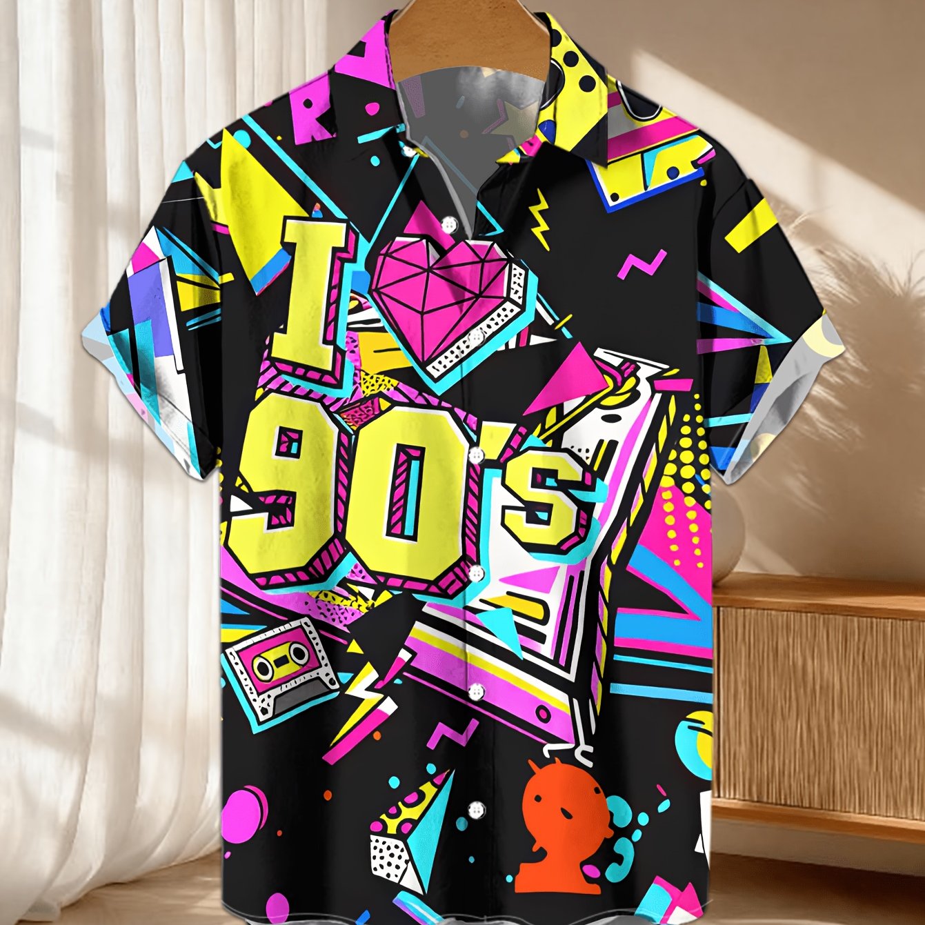 TEMU Nueva Camisa Casual de Manga Corta para Hombre, Retro Vibrantes, Mostrando un Estilo Trendy de , Ideal para Vacaciones, Reuniones y