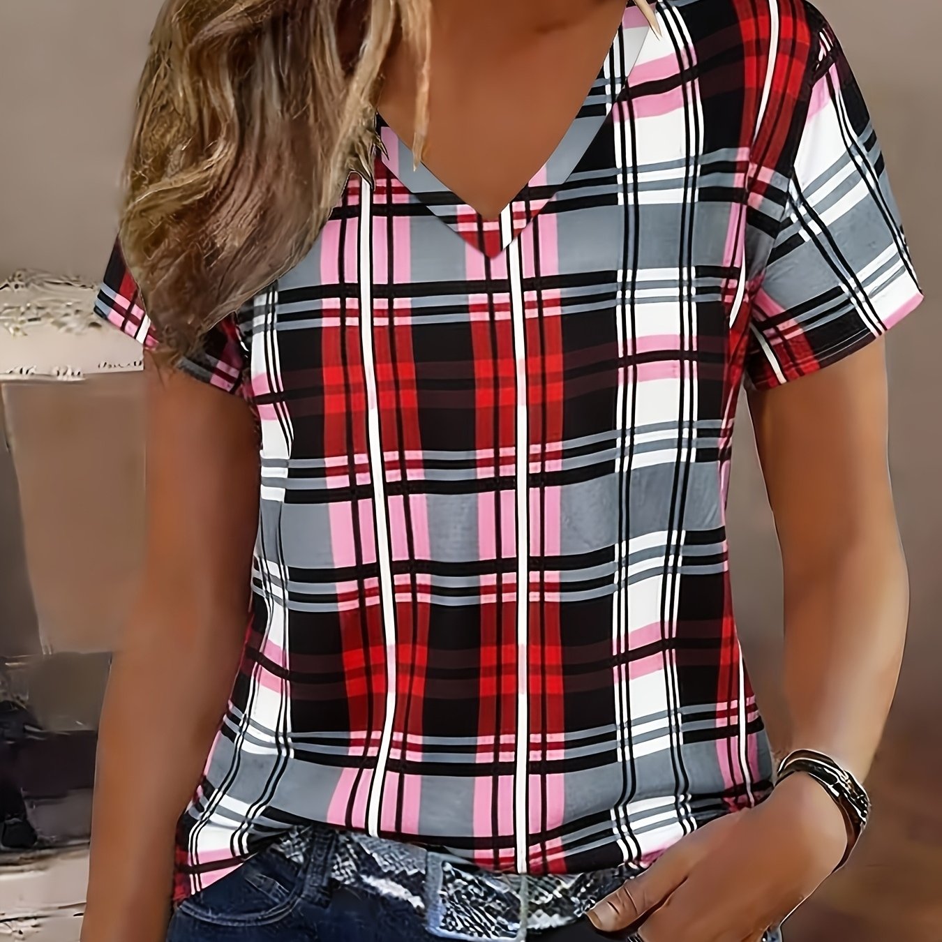 TEMU Biaomao Women's V-neck Short Sleeve T-shirt - Full-body Print Blouse Suitable For Summer, Casual V-neck Round Length Top, Machine Washable Non-