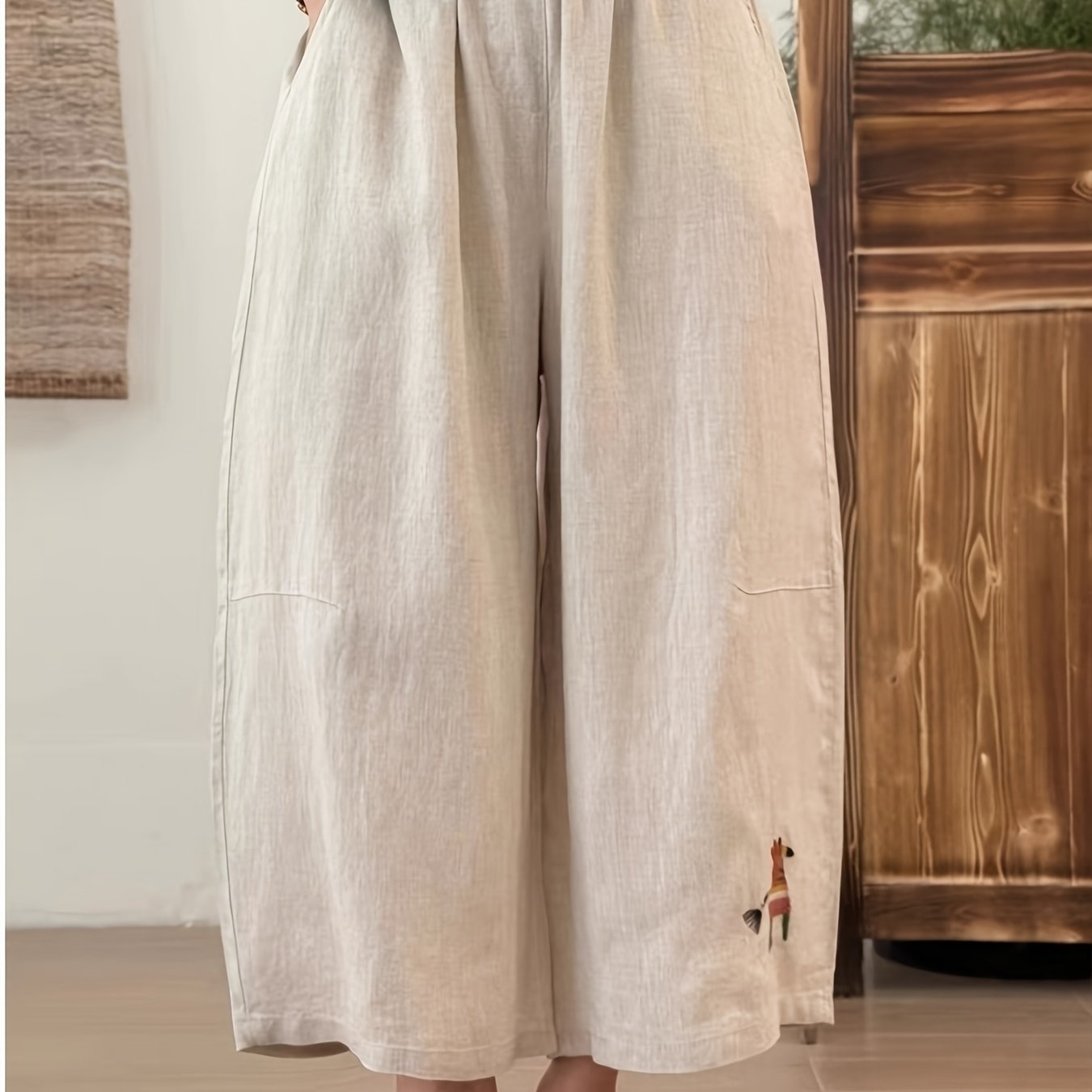 TEMU レディース レトロ ワイドレッグパンツ - 夏用 ルーズフィット ストレートレッグパンツ シミターカット、通勤・オフィス・普段着に最適 - トな脚見せ効果、無地ノンパンツ