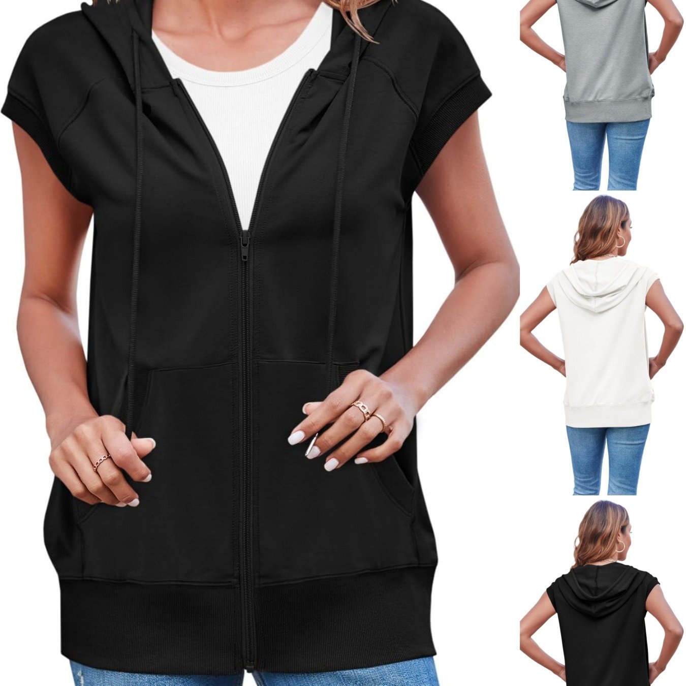 Image of Women' Spring Summer Sleeveless Zip Up Hoodies Casual Loose Fit Drawstring Sweatshirts Lightweight Jackets Vest With Pockets