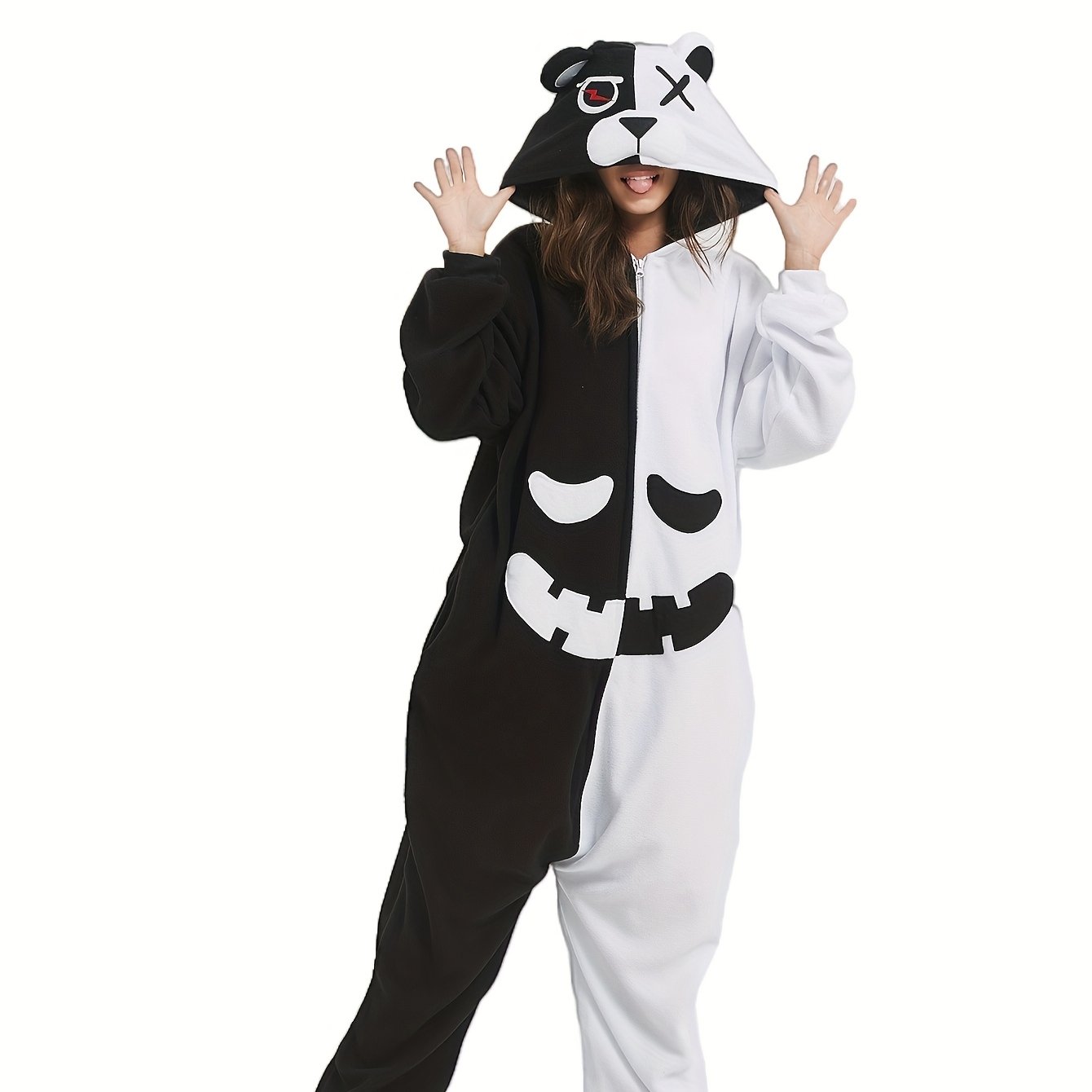 Image of Adult Autumn And Winter Plush Novelty Animal Onesie Pajamas For Women Cosplay Party Costume Thick Cartoon Hooded One-piece Jumpsuit Character Costume Gift