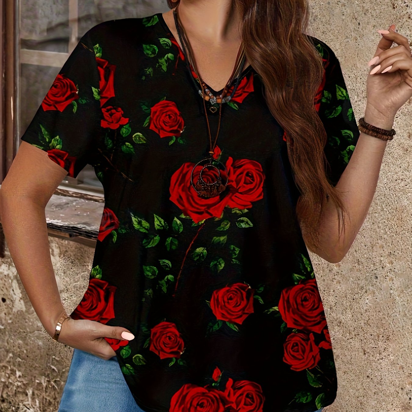 TEMU Plus Size Rose Print V Neck T-shirt, Casual Short Sleeve Top For Spring & Summer, Women's Plus Size Clothing