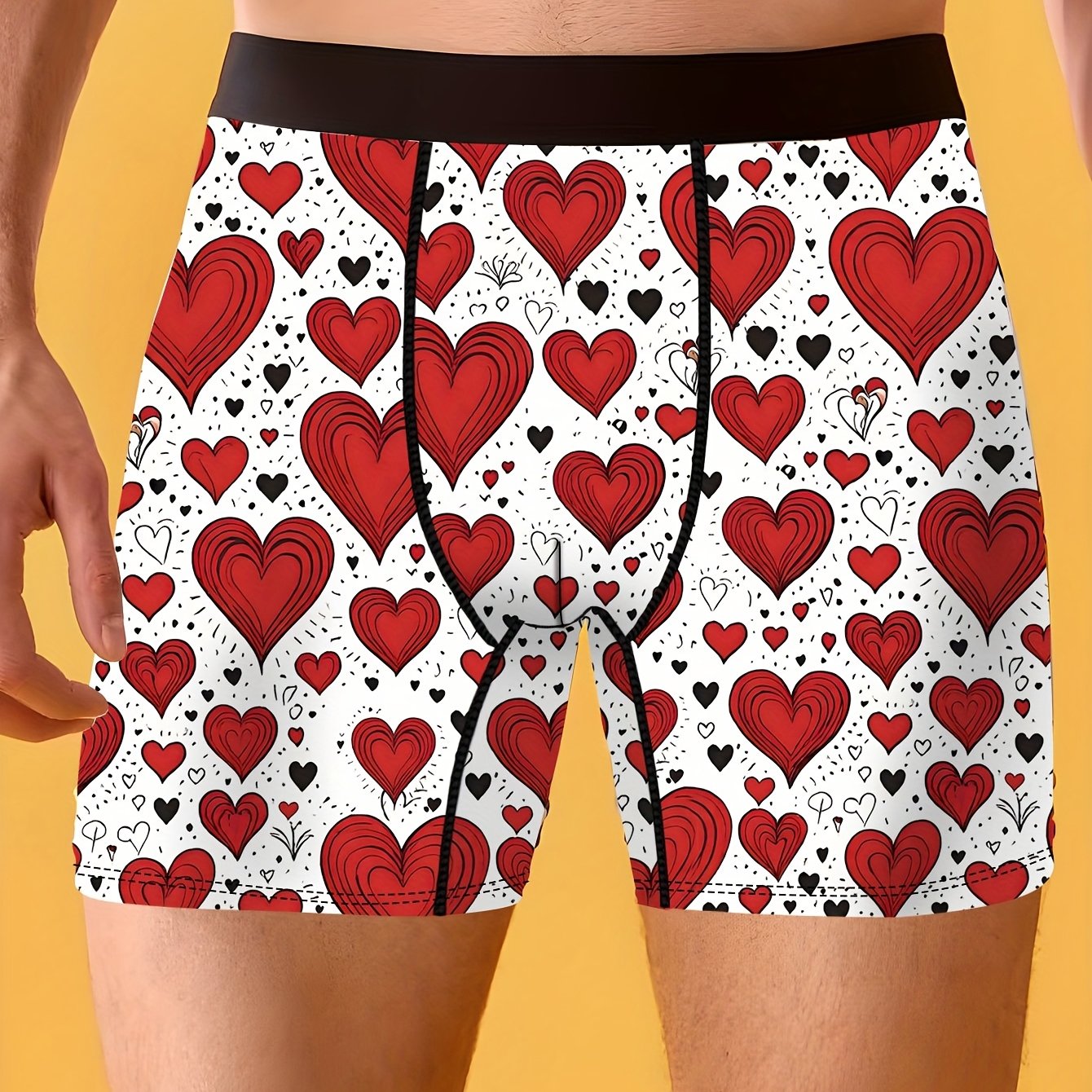 TEMU Cute And Men's Long Boxer Shorts For , Made From Fiber Fabric Soft And Skin-friendly, Quick-drying And Breathable, Featuring A Heart Pattern Print, With Four-needle Six-thread Technology, Knit