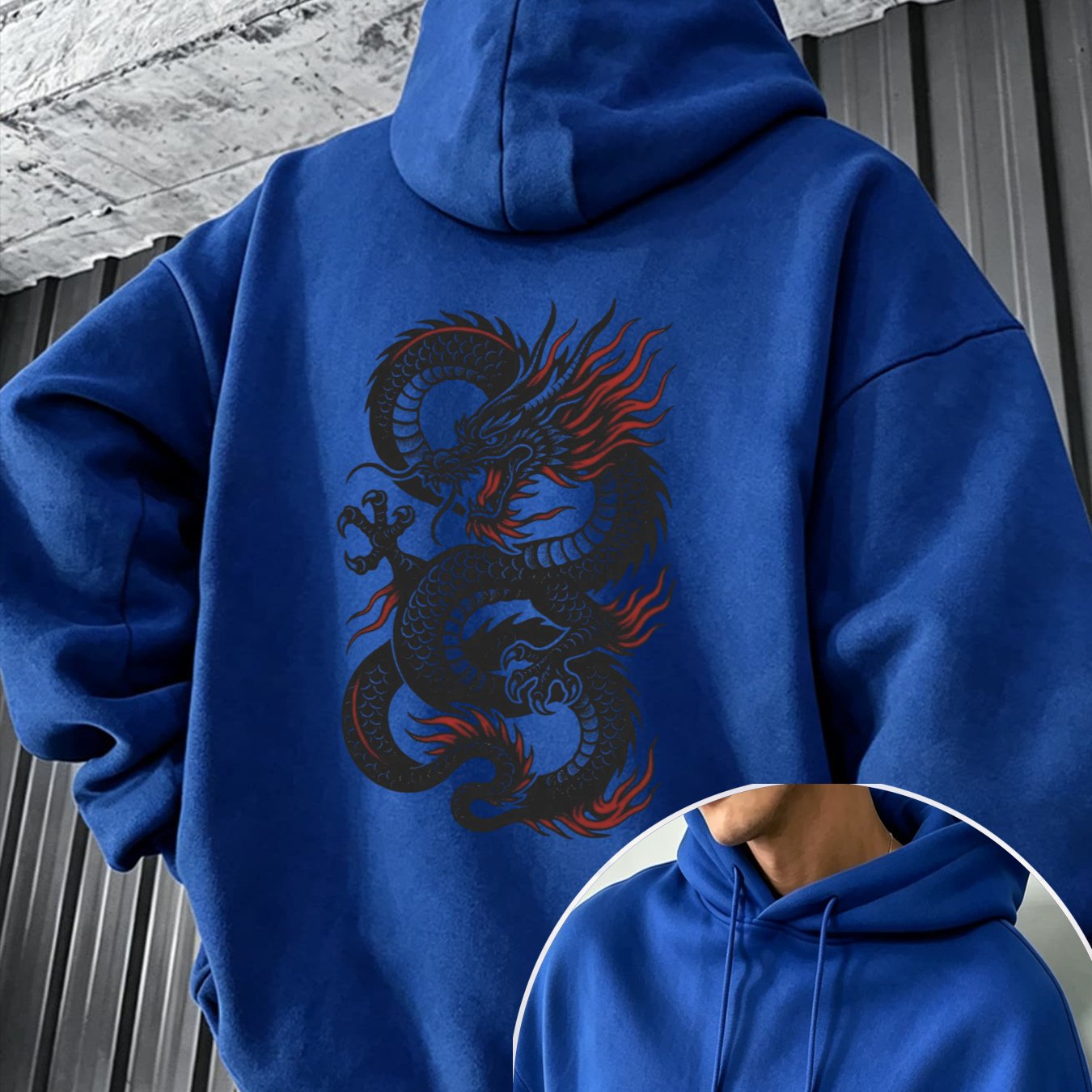 Image of Autumn Winter New Casual Pullover Hoodie For Men Women, Loose Fit Street Style With Dragon Print, Warm Comfortable Daily Wear, Trendy Oversized Drop Shoulder