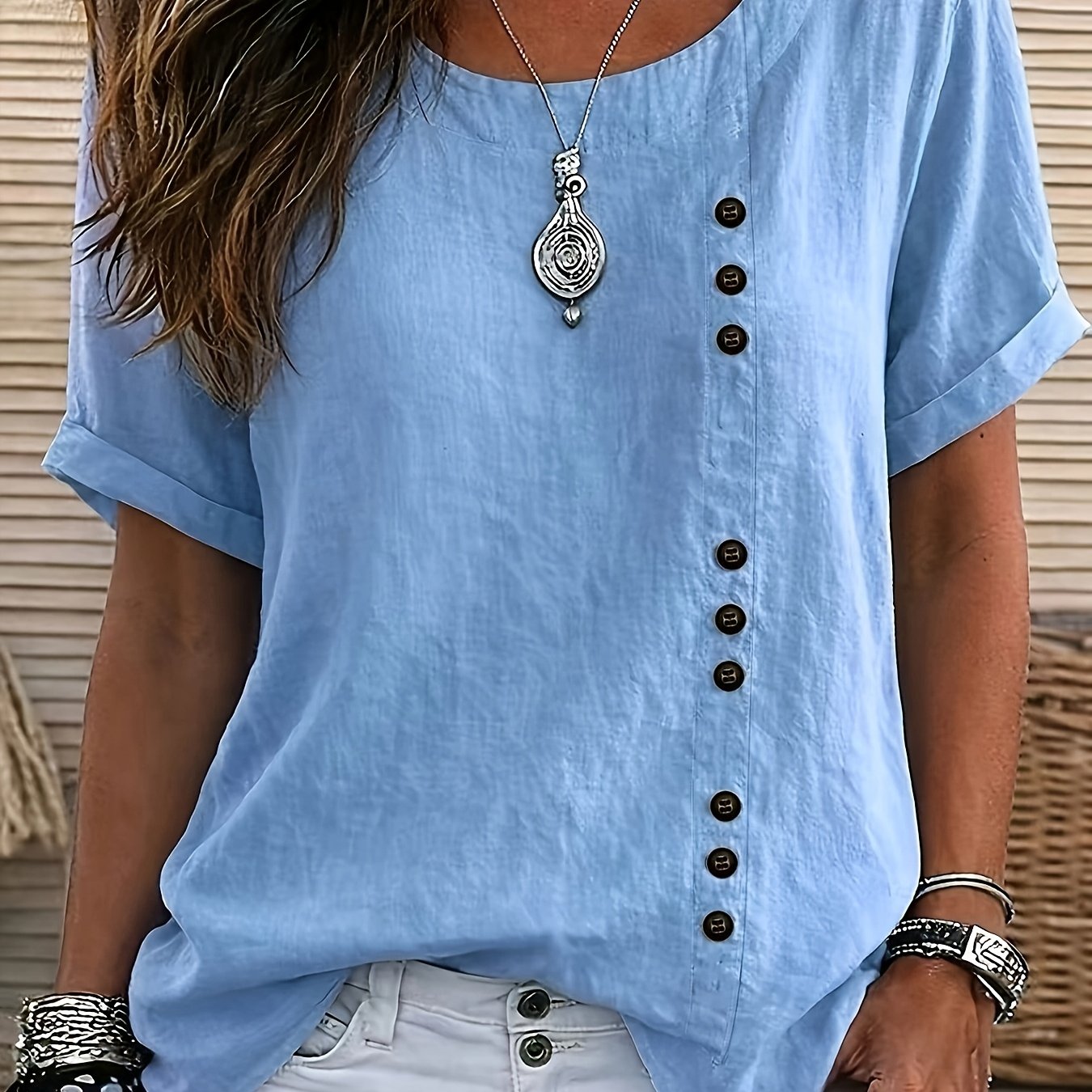 TEMU Women's Casual Summer Comfortable Top - Solid Color Asymmetrical Button Detail Loose Breathable Short Sleeve Shirt, Retro Daily Wear Zllz