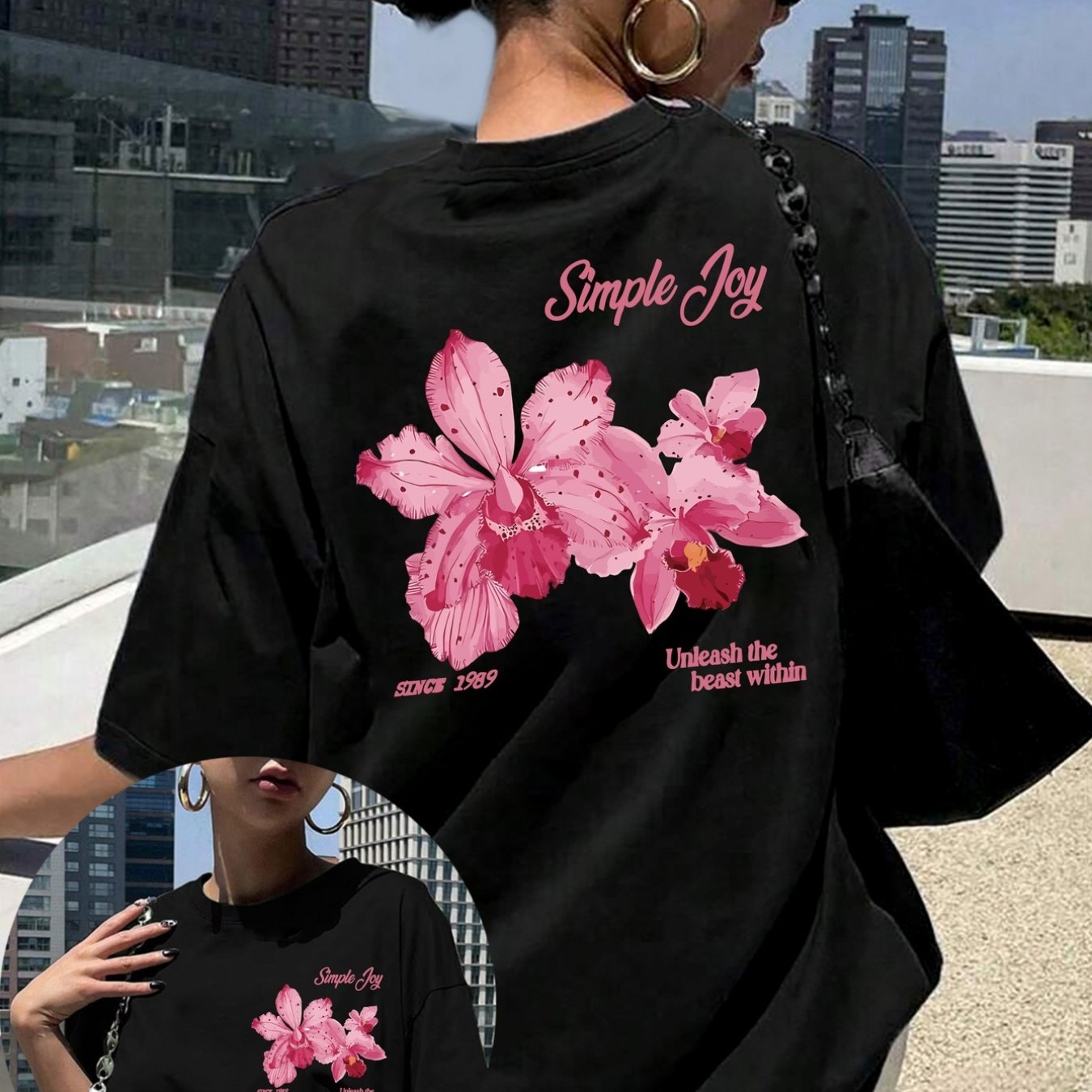 E-shop Trendiges Freizeit-T-Shirt für Damen mit kurzen, symmetrischen Ärmeln und einem einfachen Joy Orchid Design, für Frühling und Sommer