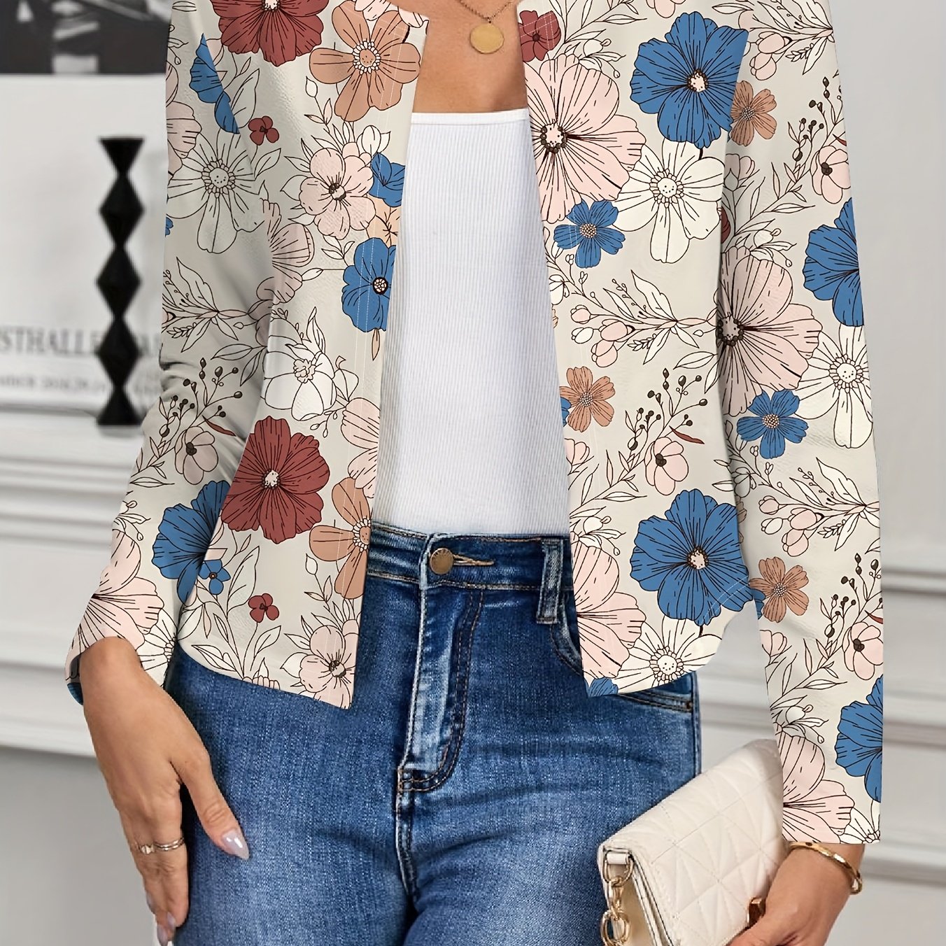 E-shop Lässige Damen-Jacke mit Blumenmuster, locker geschnitten, geeignet für Herbst/Winter, Damen-Blazer, Damen-Cardigan, leichter