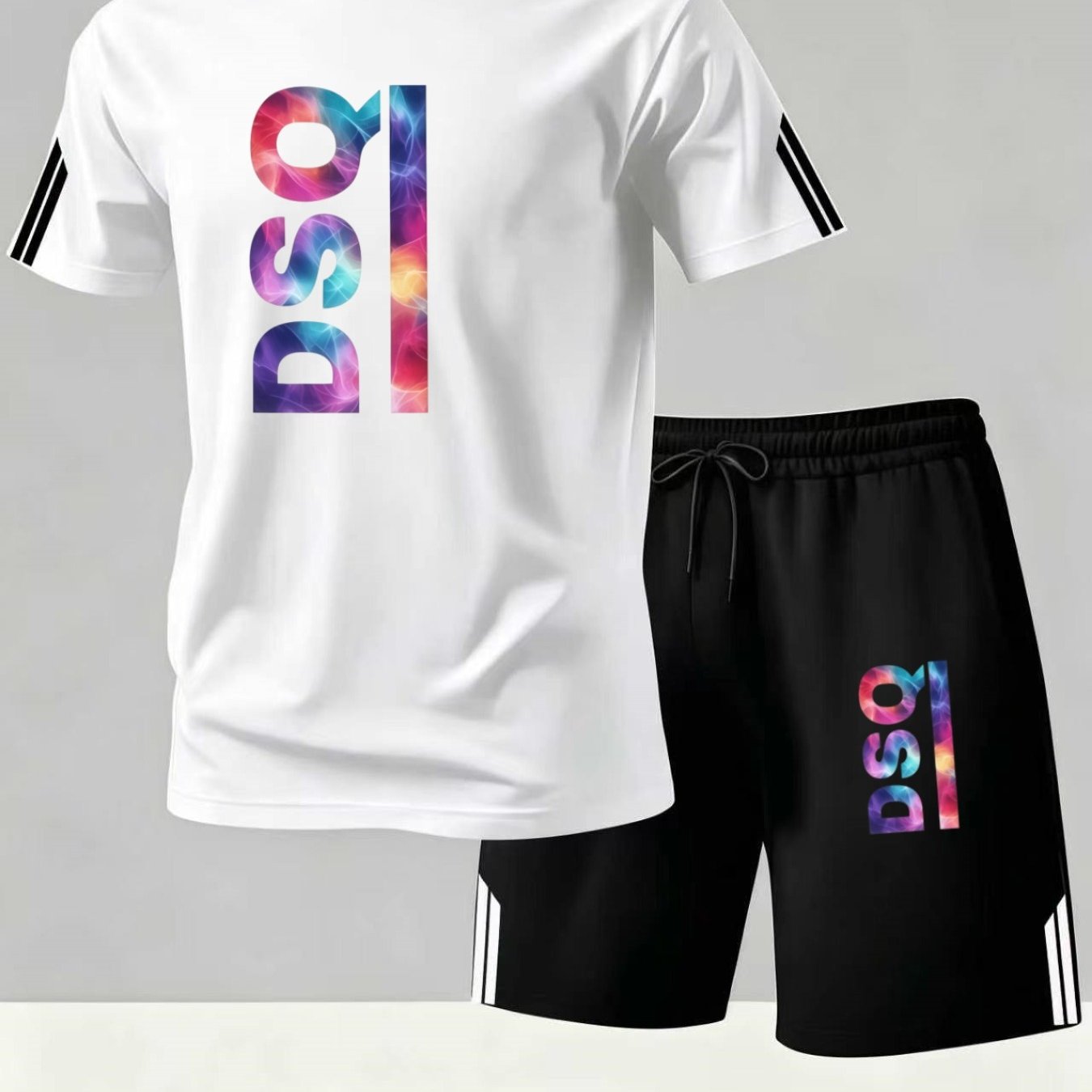 TEMU Set 2 pezzi da : T-shirt a maniche corte con stampa a lettere sfumate colorate e shorts, completo casual e DSQ