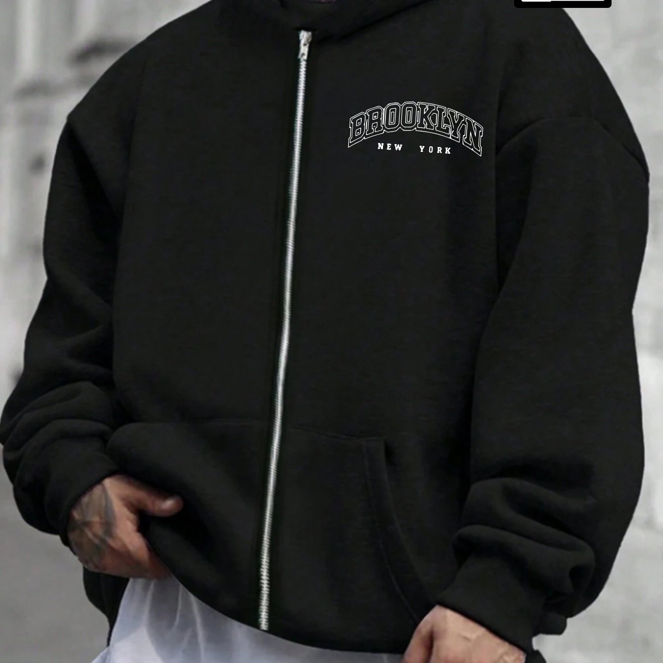 TEMU Men's Plus Size Casual Sweatshirt With Fleece Lining, Hooded Zipper Cardigan, Brooklyn English Print Pattern, Pocket Casual Sweatshirt,