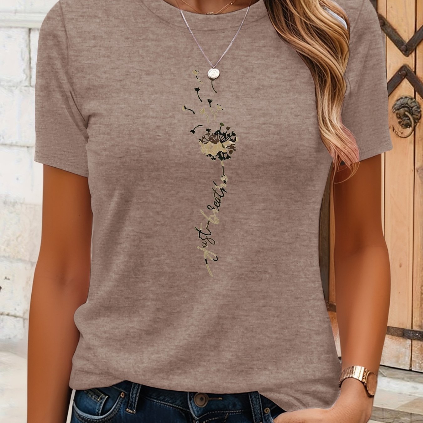 TEMU Plus Size - Plus Size - Dandelion, Breath Printed Women's Casual Everyday Round Neck Loose-fitting Versatile Breathable Short-sleeve T-shirt Top