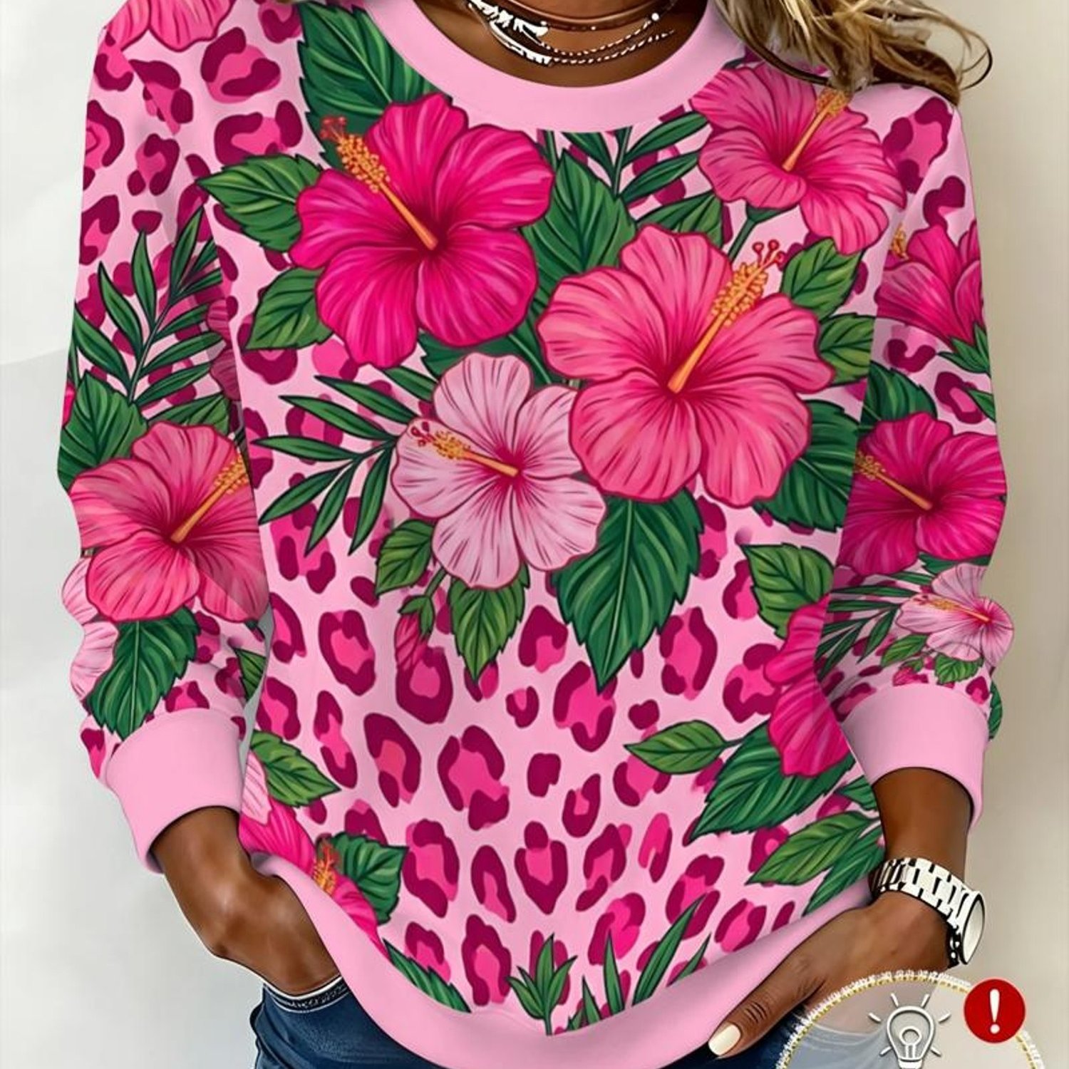 TEMU Sweet Leopard Print Hibiscus Pattern Round Neck Sweatshirt Women' Plant Long Sleeve Fashion Versatile Top