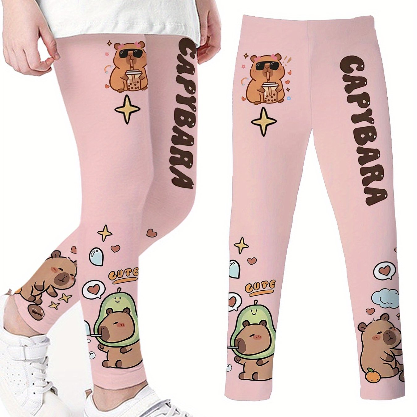 Image of Animal Capybara Cute Print Girls' Pink Leggings, 3d Trousers, Party Comfortable Breathable Kids' Pants 1pc