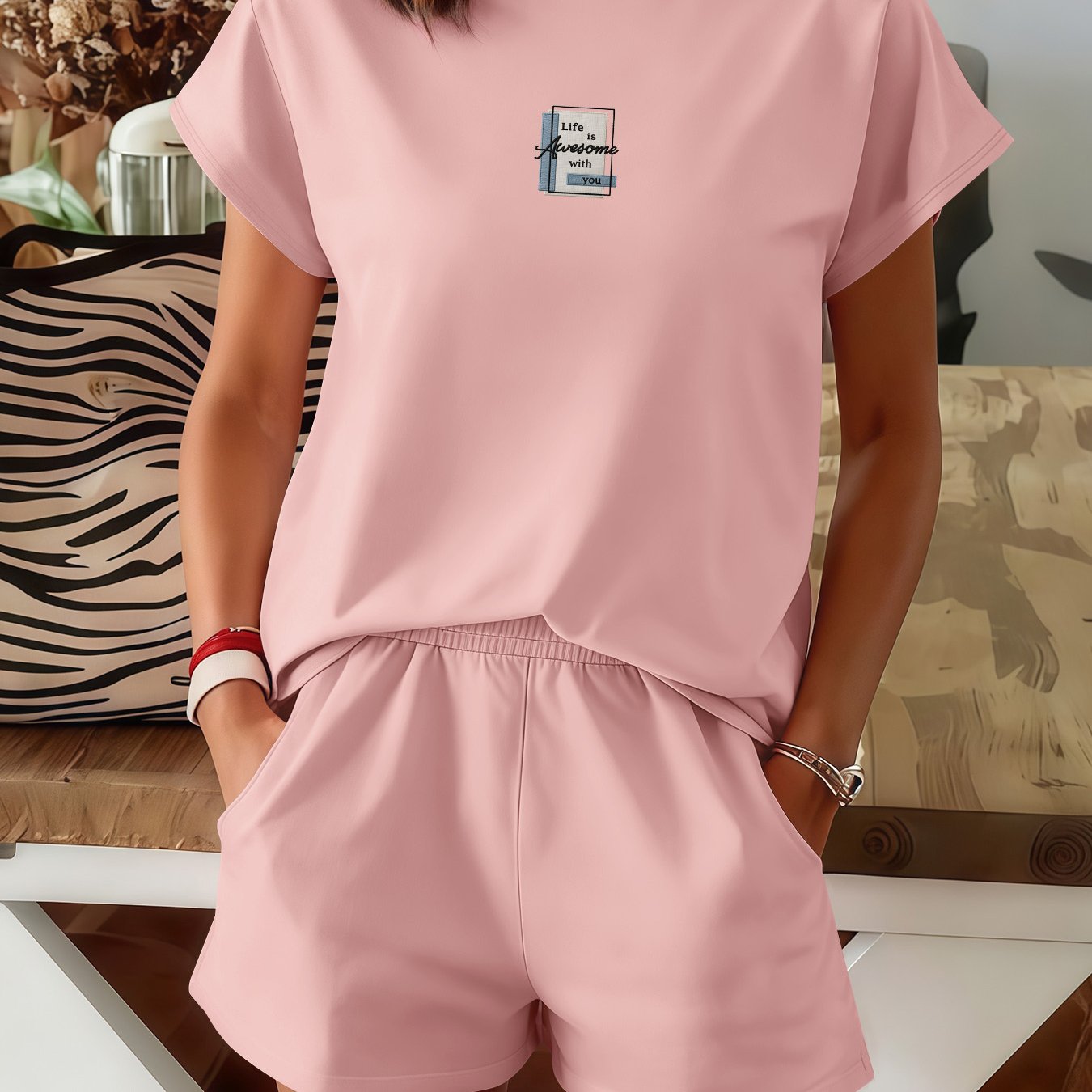 TEMU Awesome, Women's Short-sleeved Shorts Set, Fashionable Letter Print Daily Loose Versatile T-shirt Shorts Two-piece Set