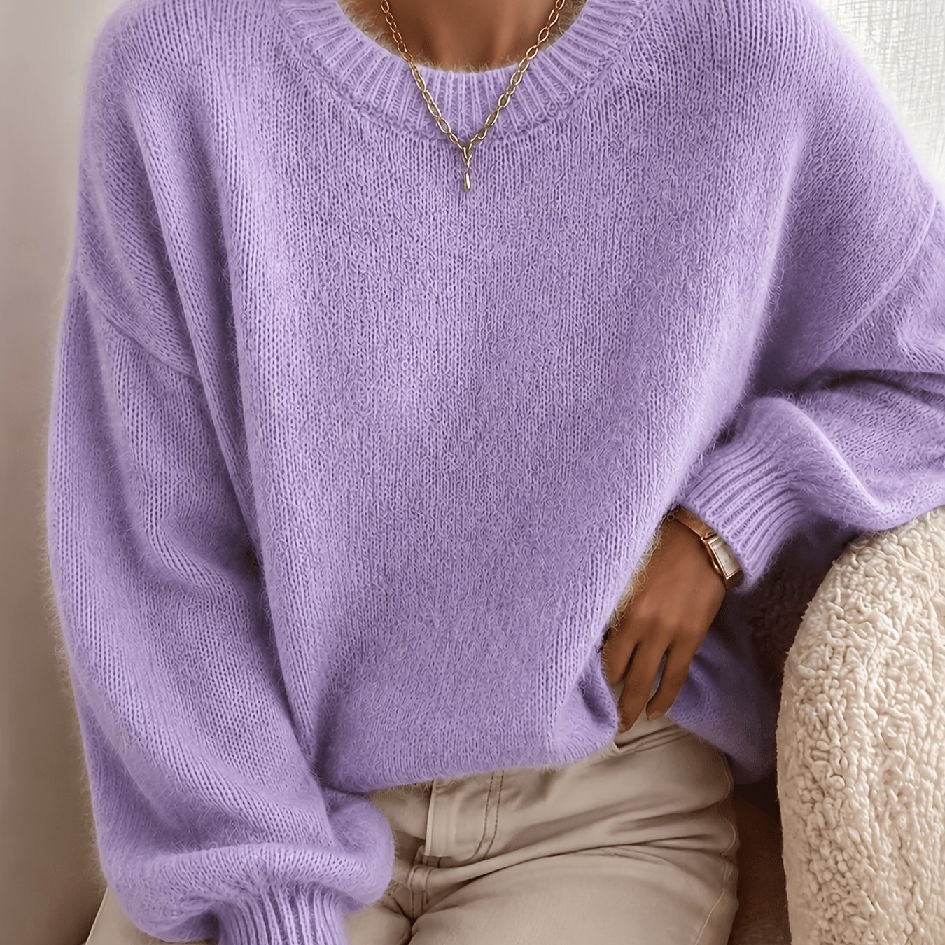 TEMU Soft Textured Sweater - Elegant Relaxed Fit -compatible Suitable For Warm Fall Winter Sweaters, Medium Stretch Solid Color Pullover, Hand