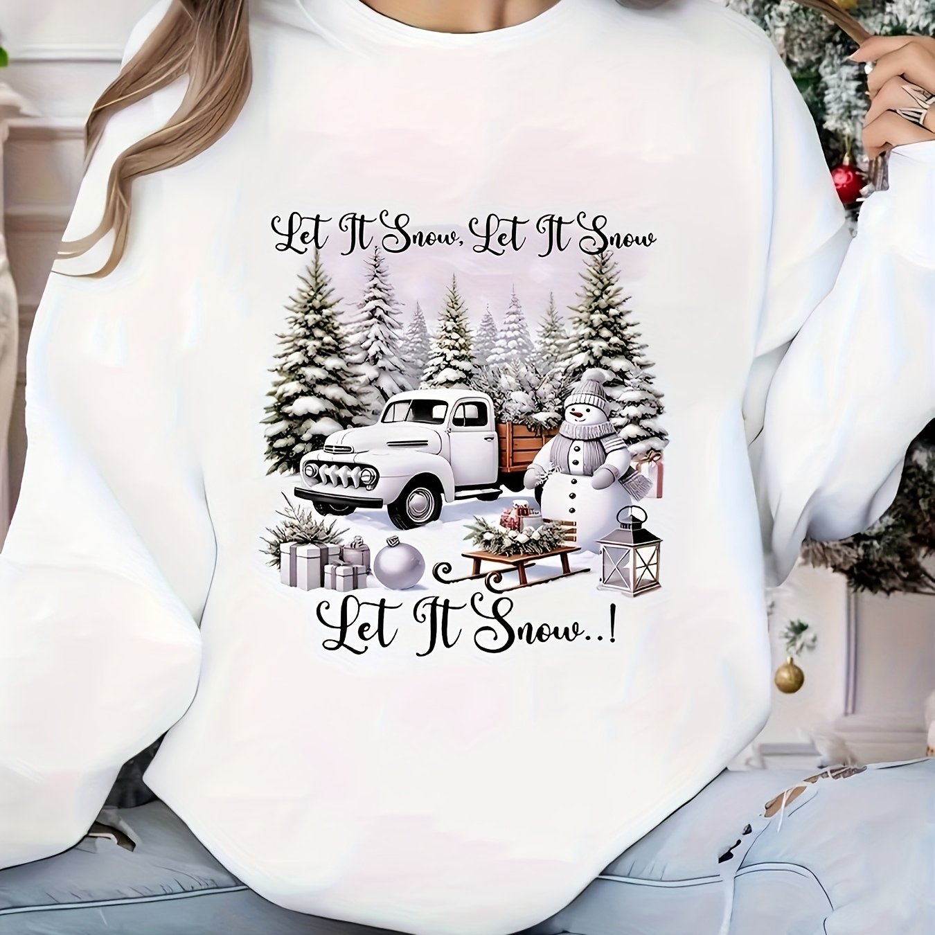 TEMU Women's Casual Christmas Sweatshirt Featuring A Round Neck Pullover Design With Patterns Of , Snowflakes, Trees, And Trucks. Made From Soft