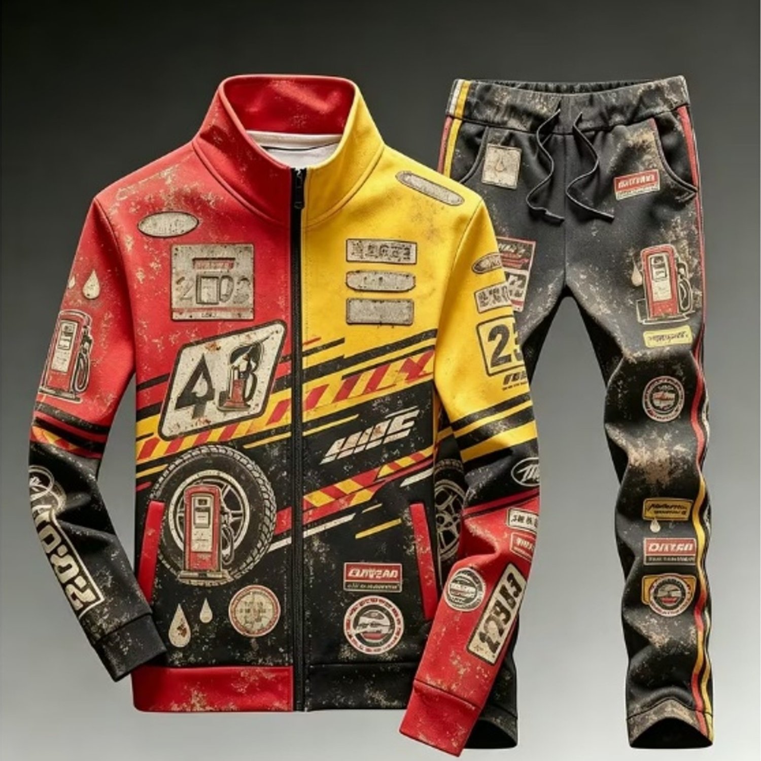 Image of Men's Autumn And Winter Casual Outfit 2pcs Set Men's Style Tracksuit With Racing Graphic Print Durable Soft Breathable For Daily Wear Weekend Outfit Holiday Gift