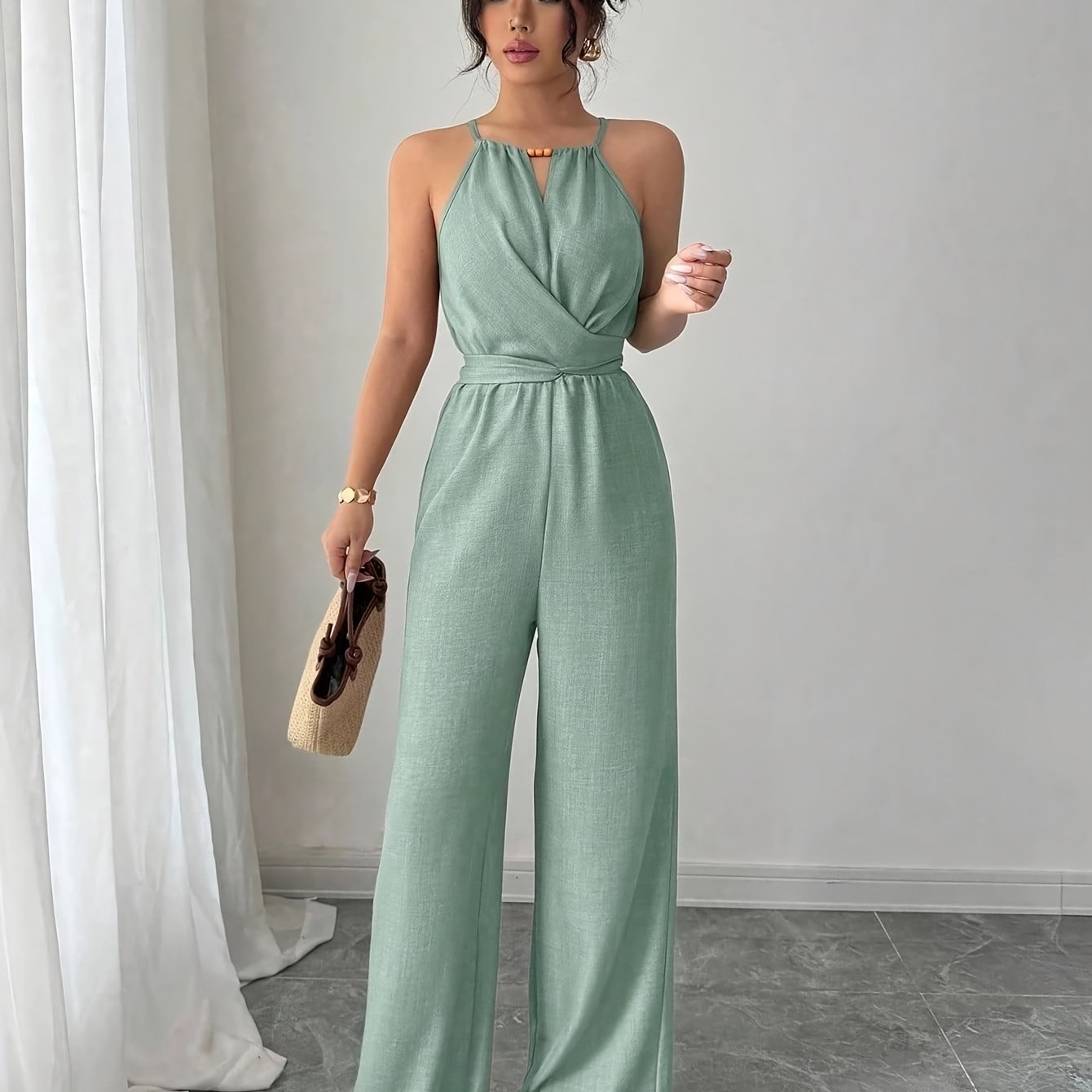 E-shop Eleganter Damen-Overall mit Perlenbesatz, gekreuztem Rücken Trägern am Nacken für Frühling/Sommer, Sommerpendeln, Ausflüge Urlaub