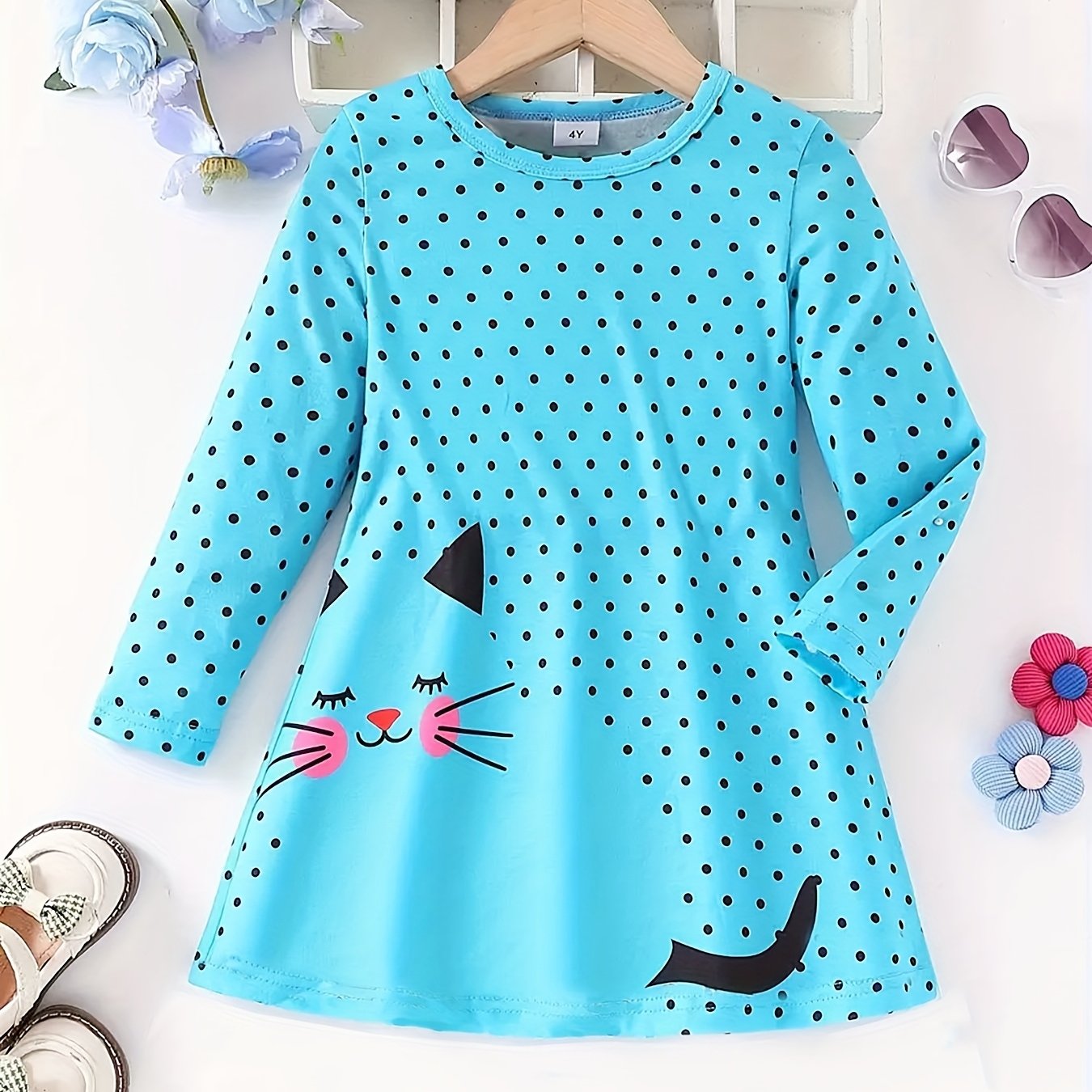 Image of Girls' Casual Dress, Number Print Kitten Round Neck Long Sleeve Dress, Fashion ' Dress, Halloween