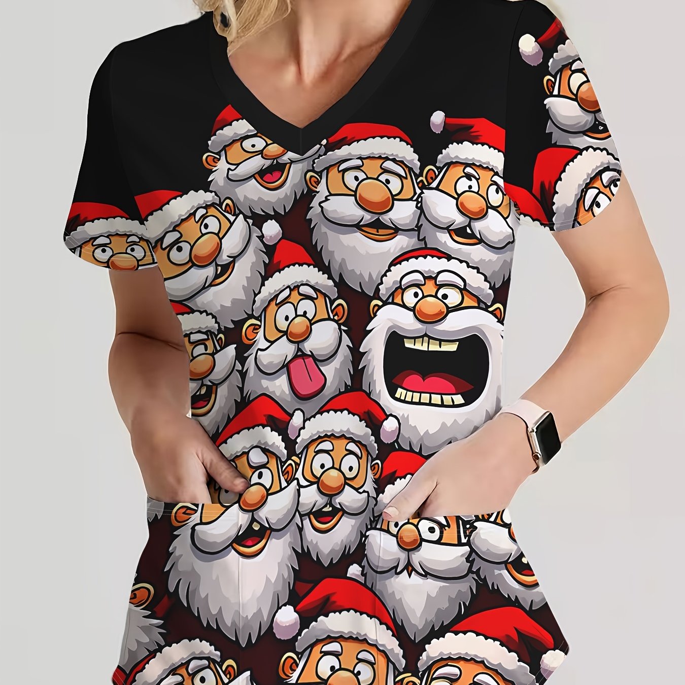 TEMU Women's V-neck Scrubs Uniform - Full-body Santa Claus Print Nurse Workwear, Short-sleeve Healthcare Top With Pockets | Stretch Fabric Suitable