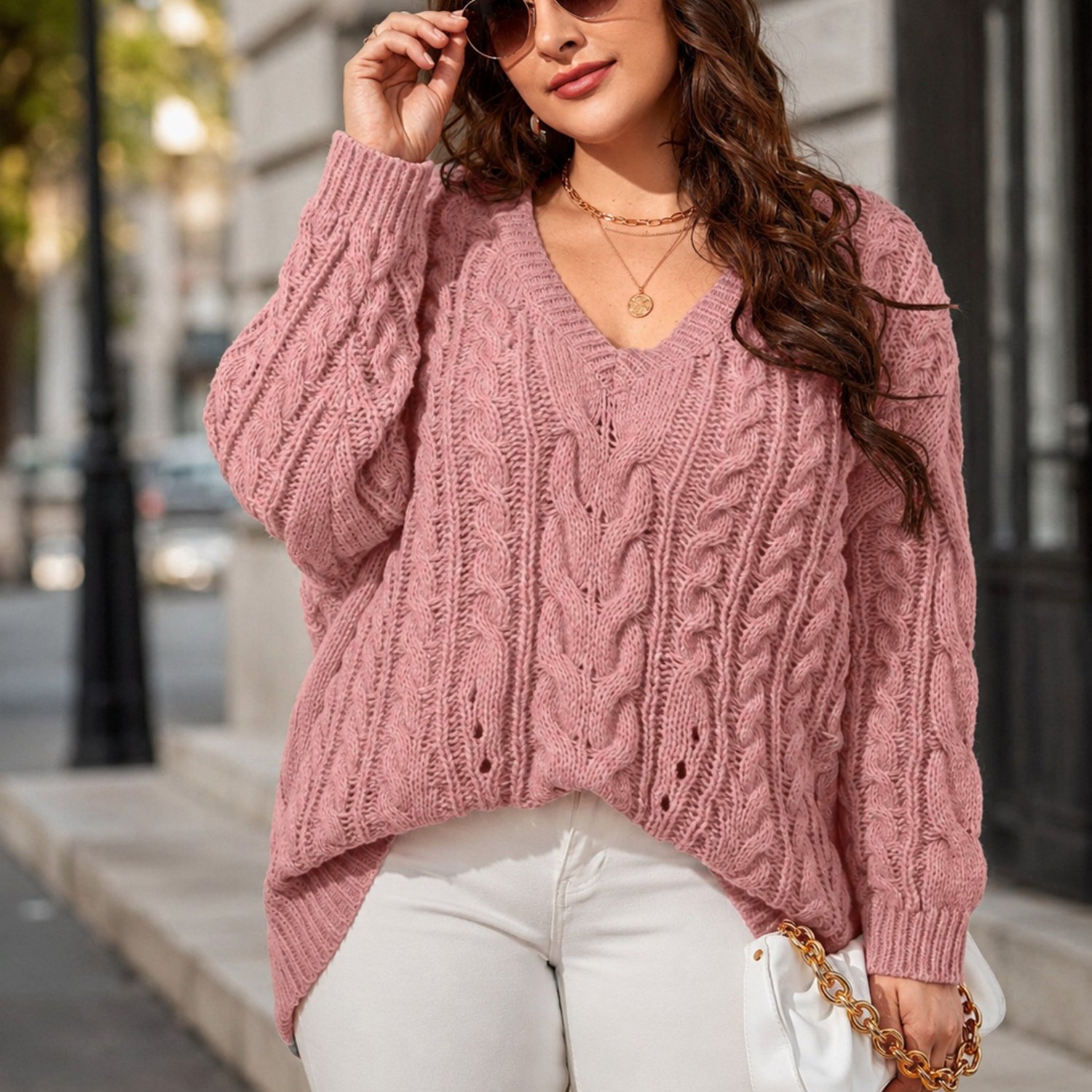 Image of Plus Size - Women Plus Size V-neck Cable Sweater Long Sleeve Oversized Hollow Out Pullover Casual Fall Winter Top