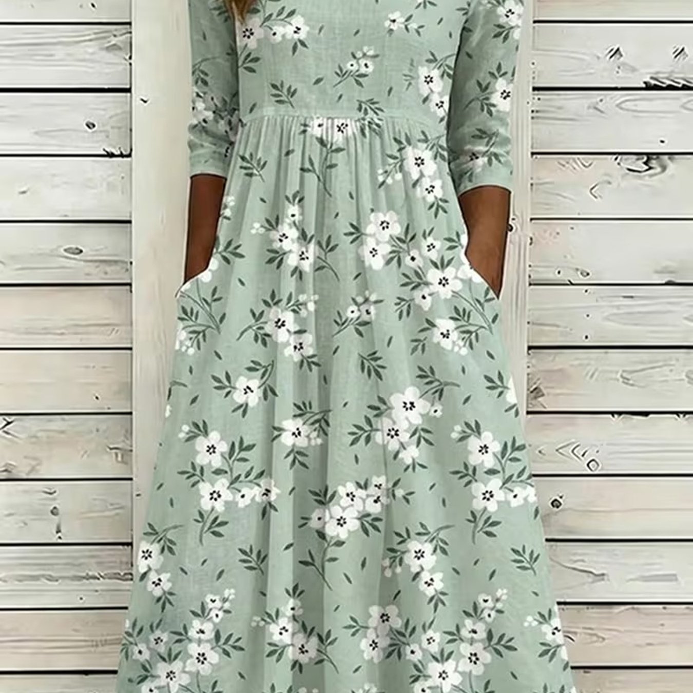 Plus Size, Light Bean Green Small White Floral Print -friendly Plus Size Women's 3/4 Sleeve Loose Midi Dress