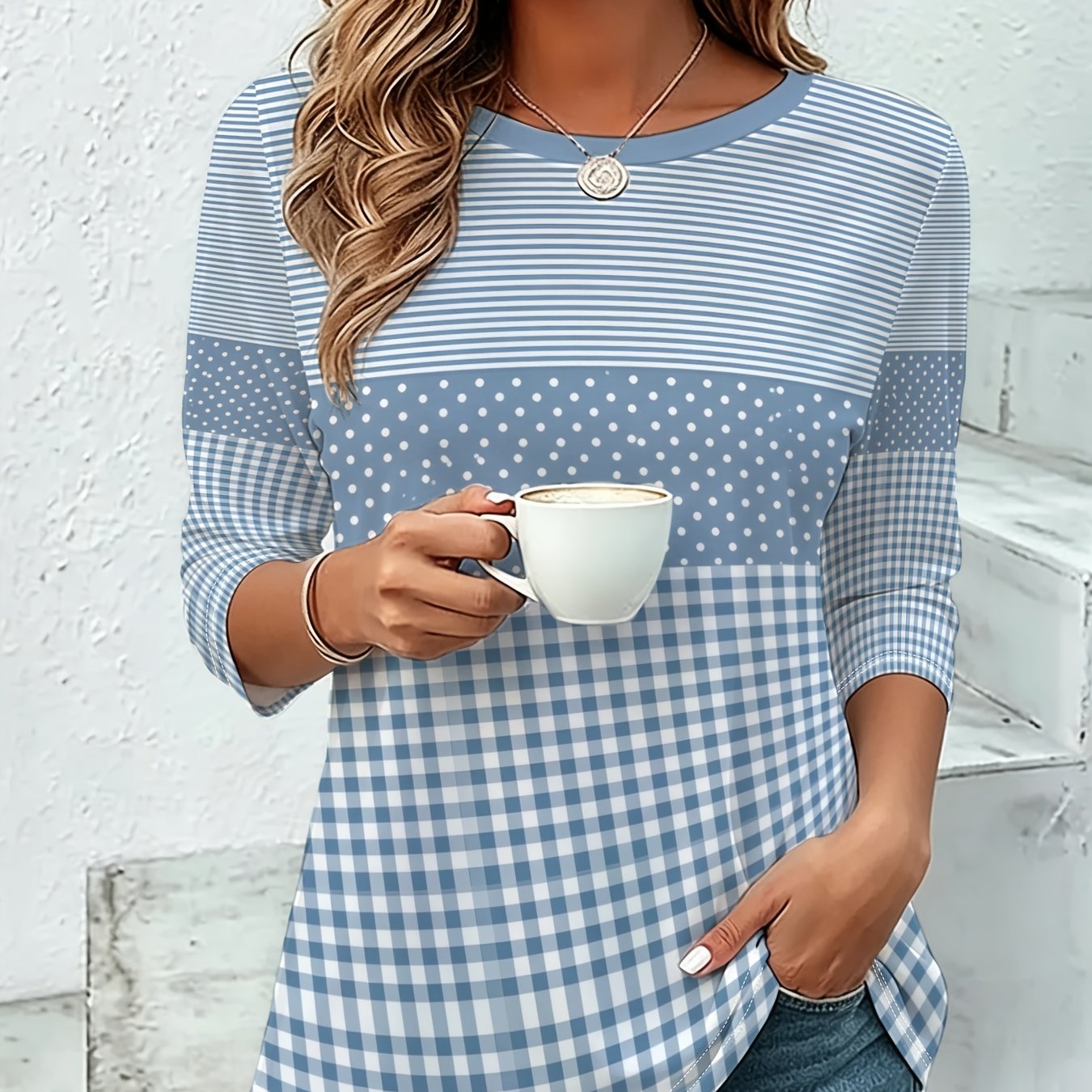 TEMU Women's Fashion T-shirt, Mixed Colors, Multi-sizes , Fabric, Blue And Polka Dot And Plaid Patterns, Classic Easy Design, Suitable For Daily Wear